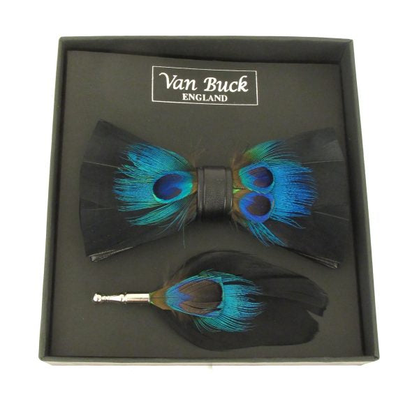 Van buck feather bow tie and lapel pin