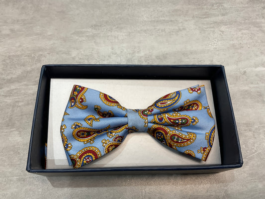 Baby blue paisley print bow tie silk