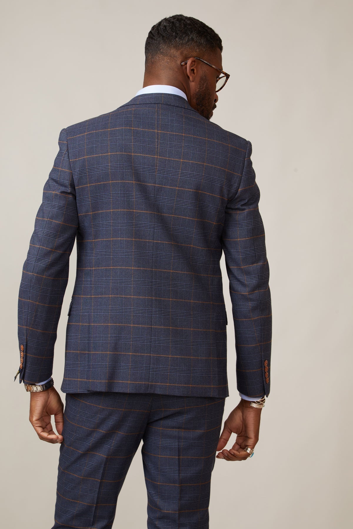 Man wearing men's JENSON - Marine Navy Check Blazer - Marc Darcy Menswear