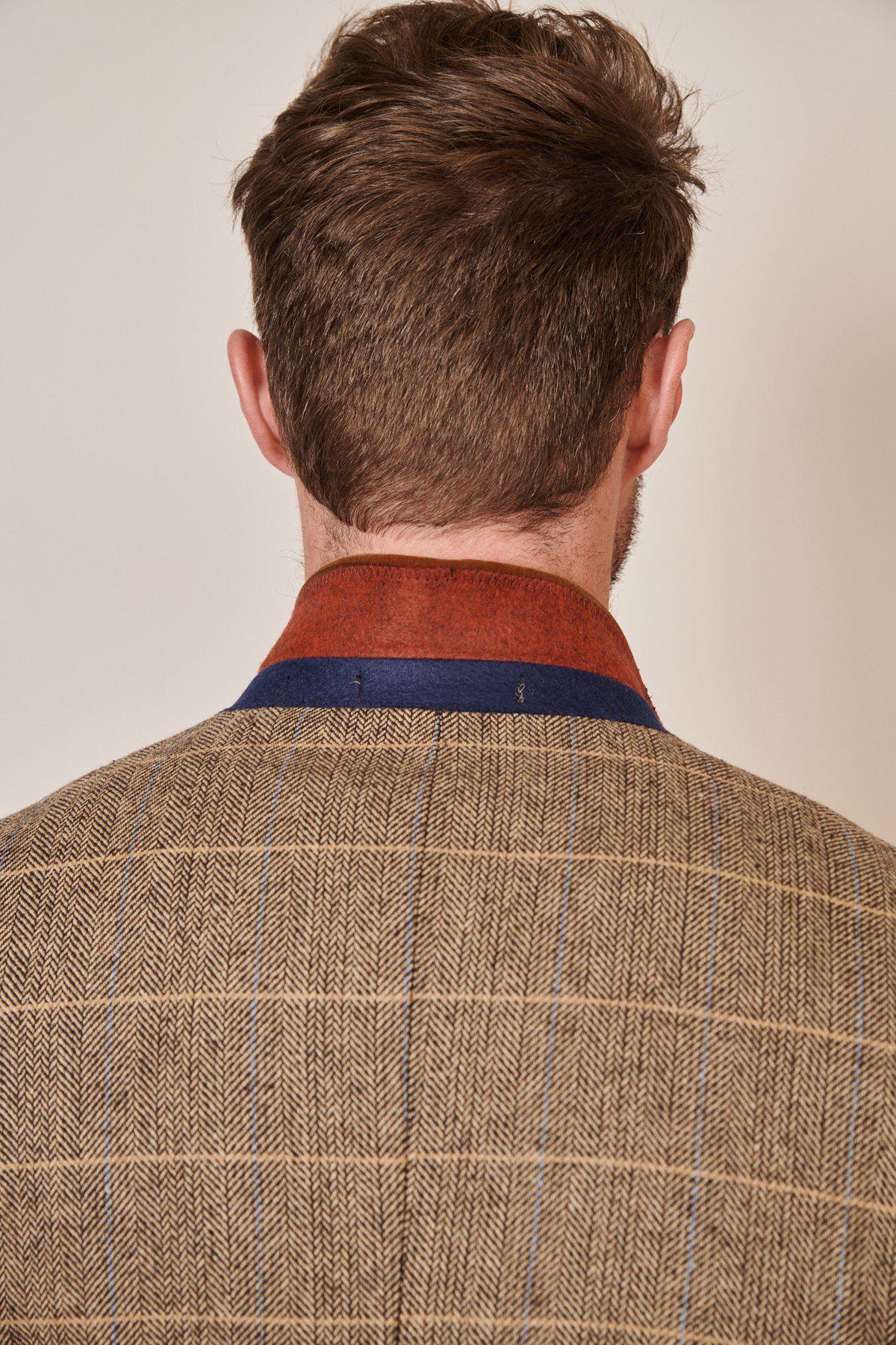 Man wearing men's TED - Tan Tweed Check Blazer - Marc Darcy Menswear