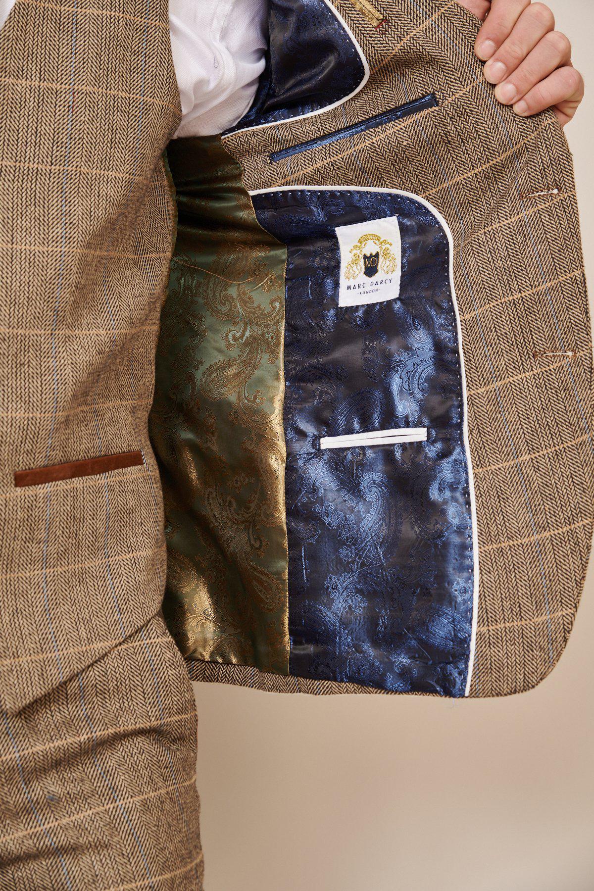 Man wearing men's TED - Tan Tweed Check Blazer - Marc Darcy Menswear