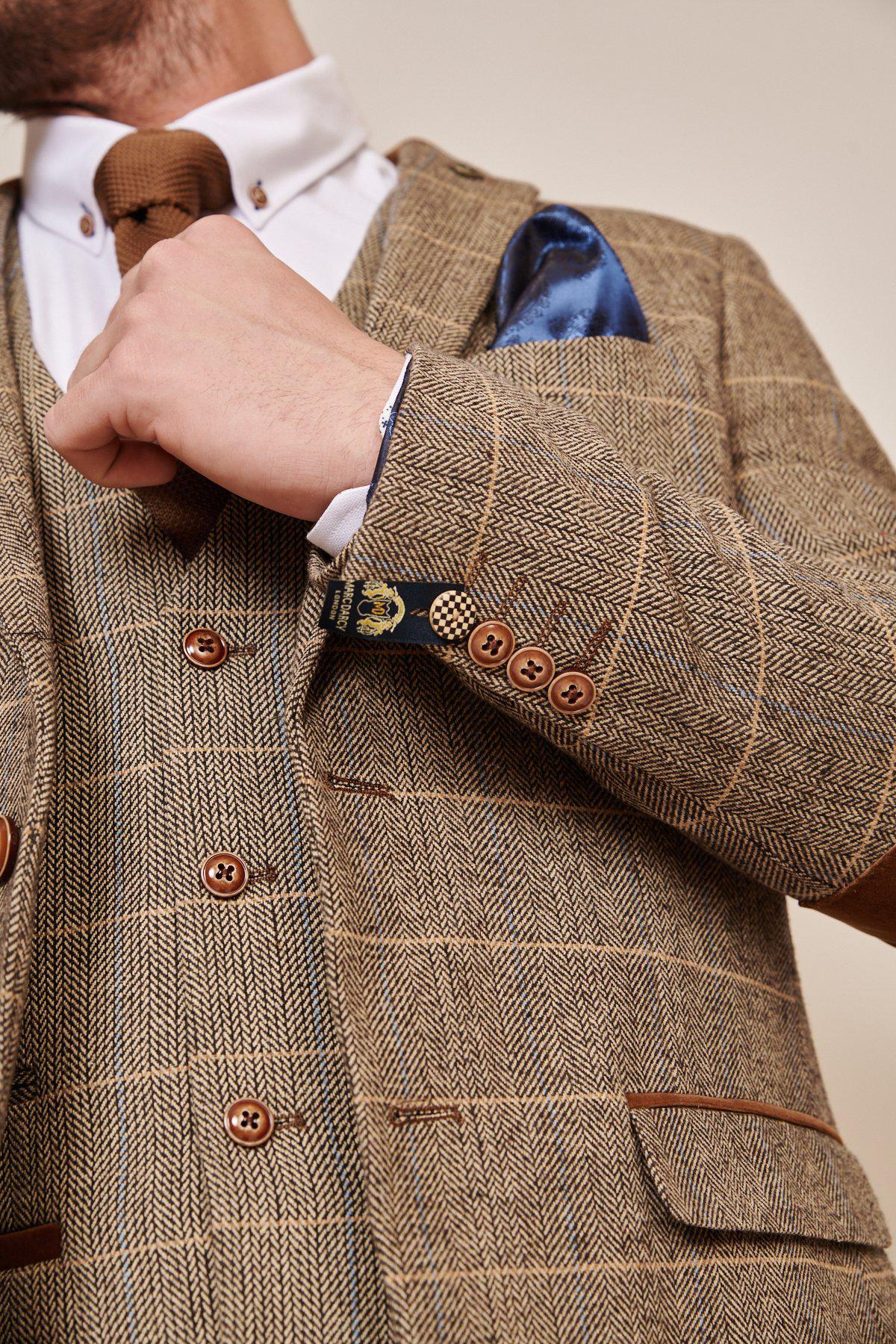 Man wearing men's TED - Tan Tweed Check Blazer - Marc Darcy Menswear