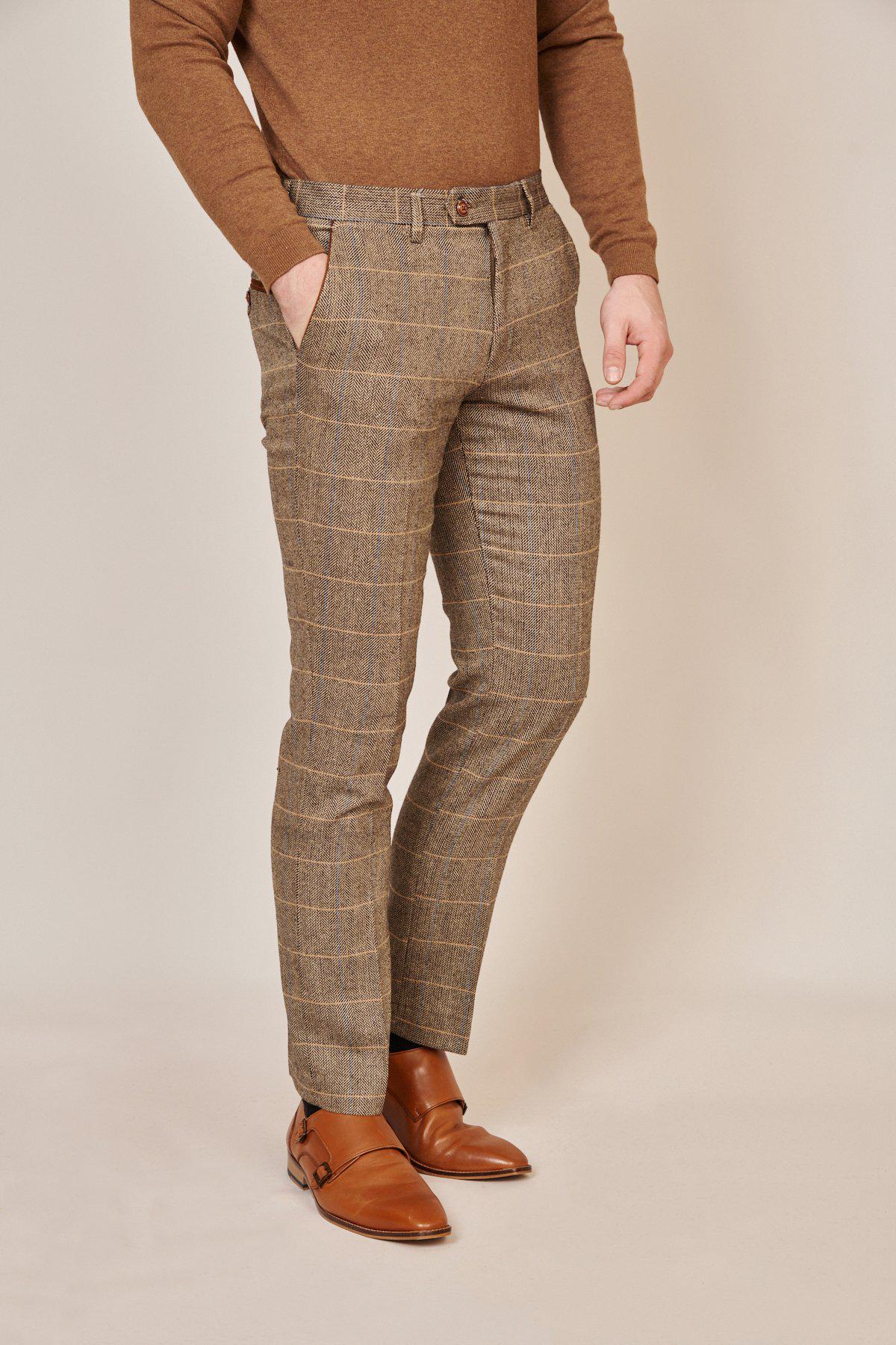 Man wearing men's TED - Tan Tweed Check Trousers - Marc Darcy Menswear