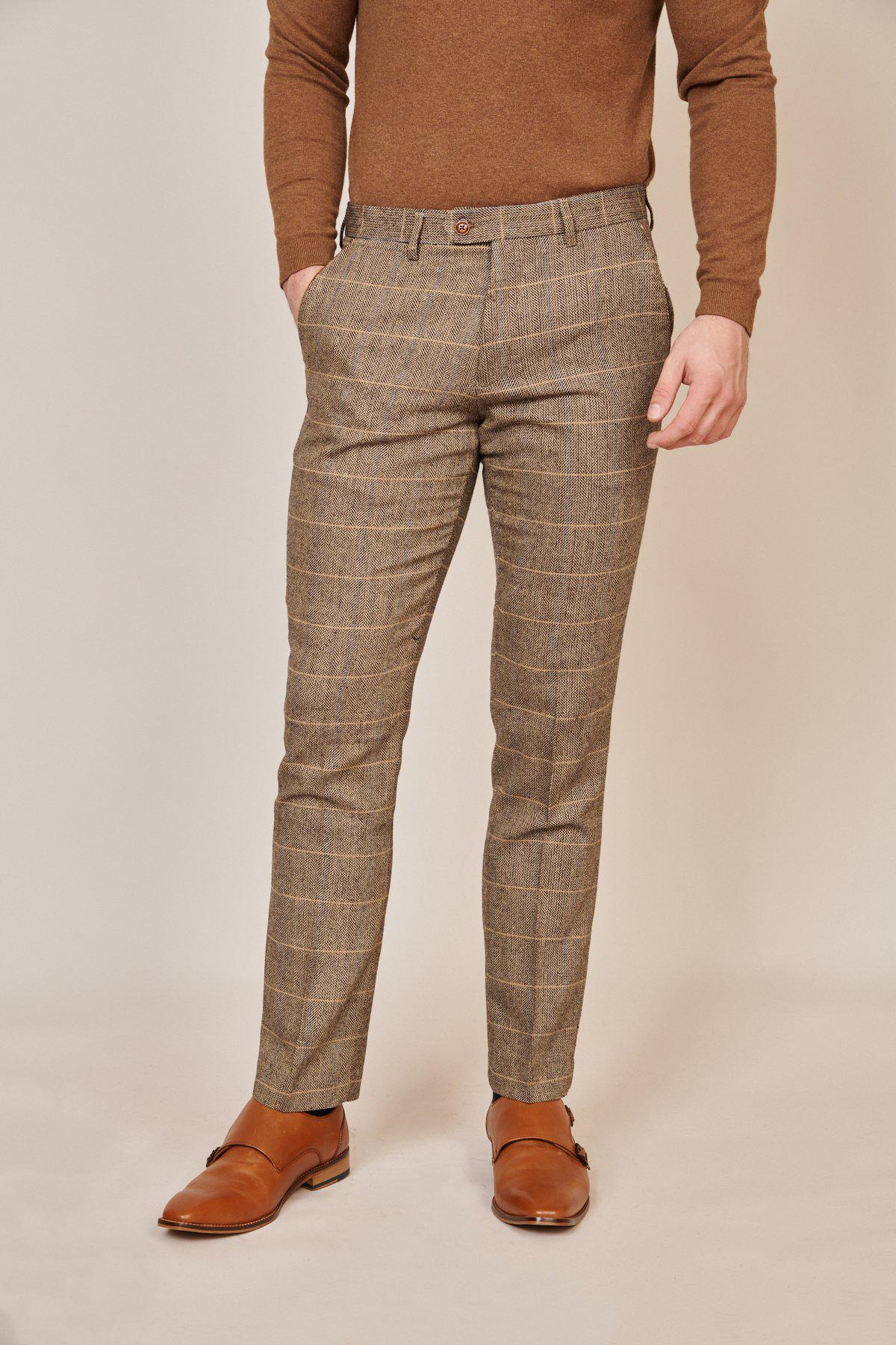 Man wearing men's TED - Tan Tweed Check Trousers - Marc Darcy Menswear