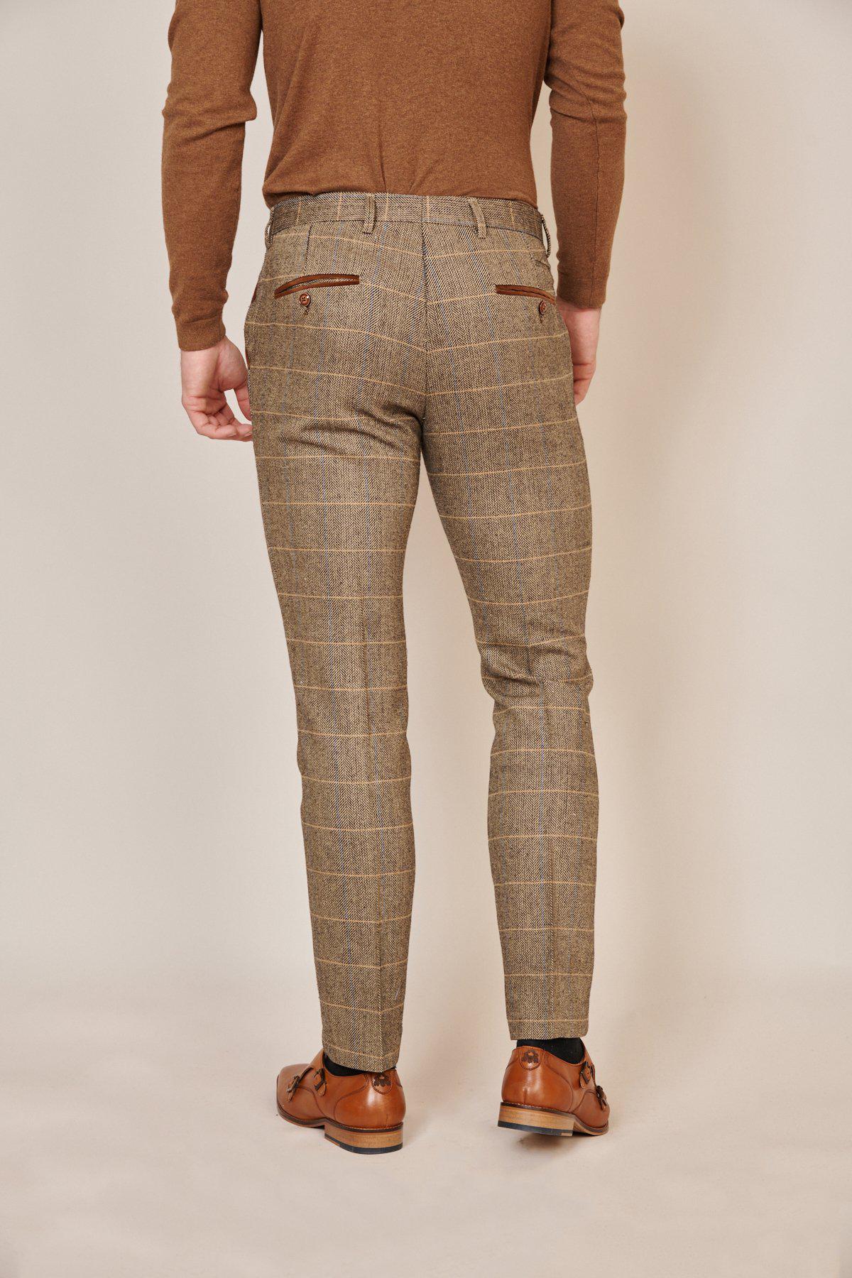 Man wearing men's TED - Tan Tweed Check Trousers - Marc Darcy Menswear