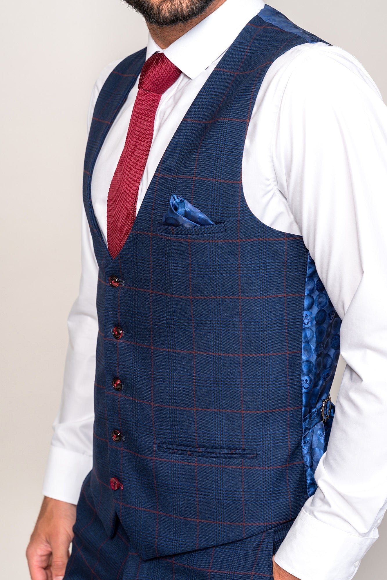 EDINSON - Navy Wine Check Single Breasted Waistcoat