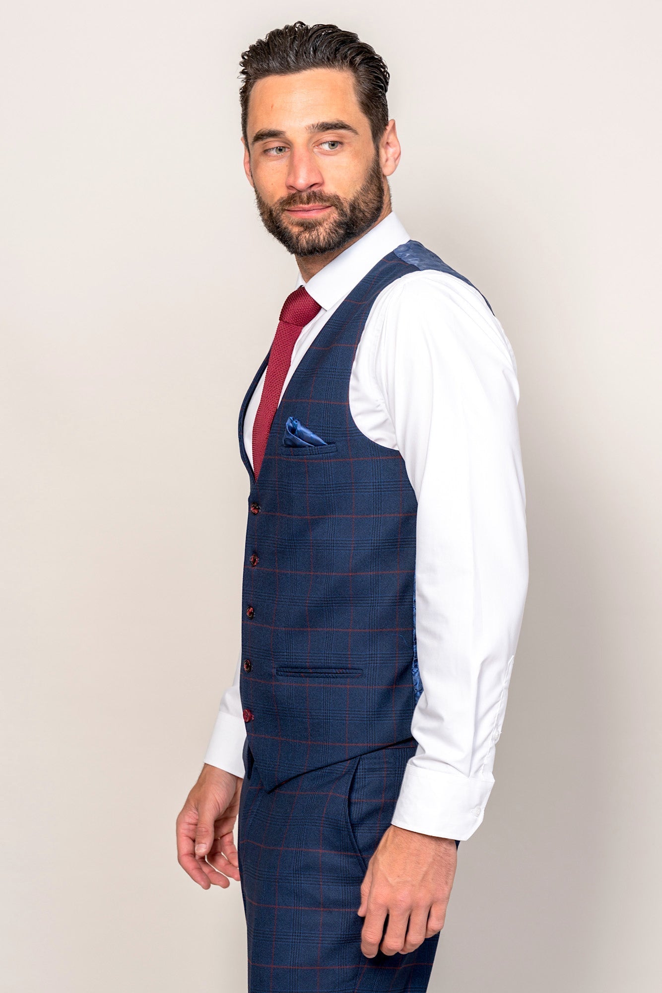 EDINSON - Navy Wine Check Single Breasted Waistcoat