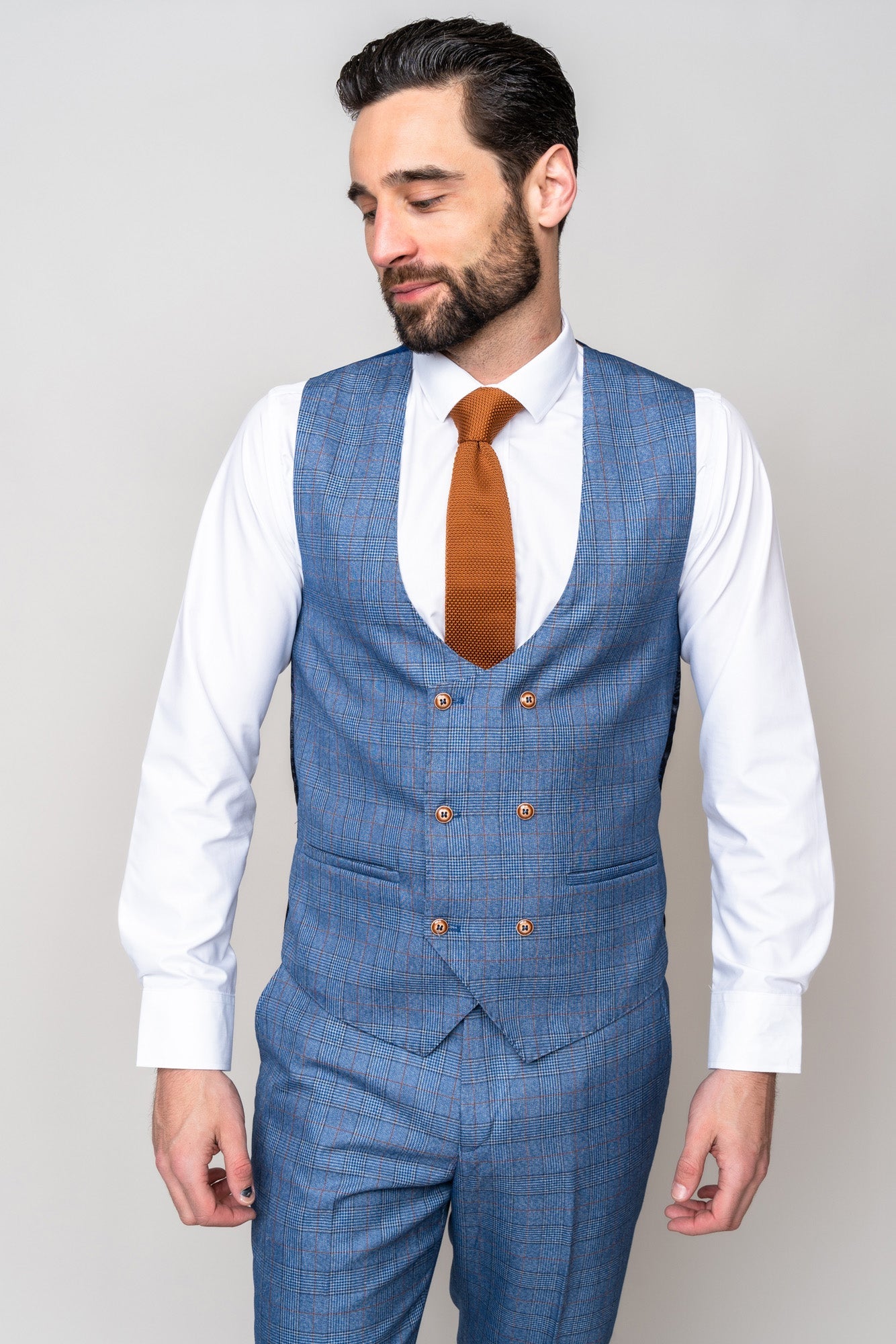 Man wearing George light blue three piece suit - Marc Darcy