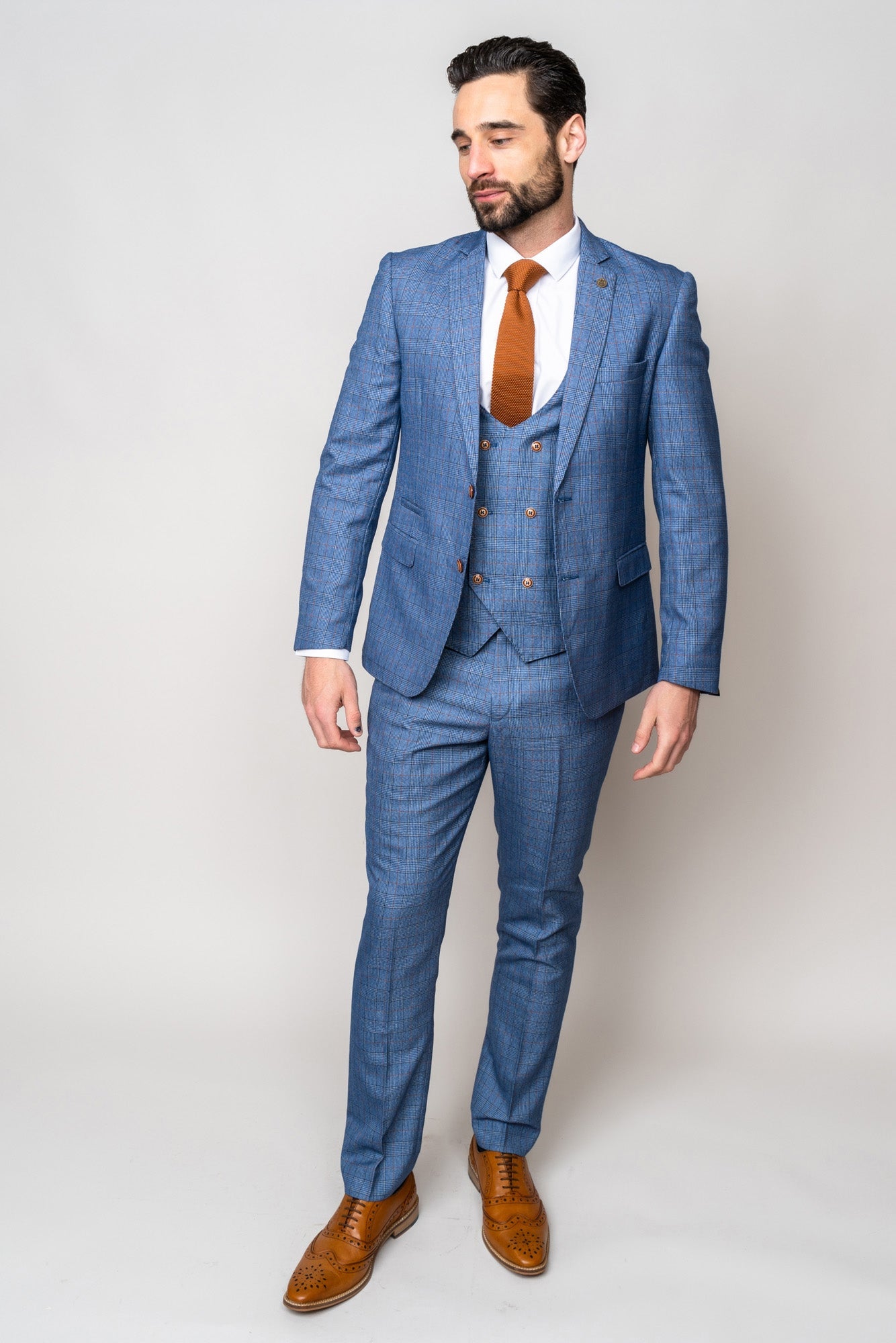 Man wearing George light blue three piece suit - Marc Darcy