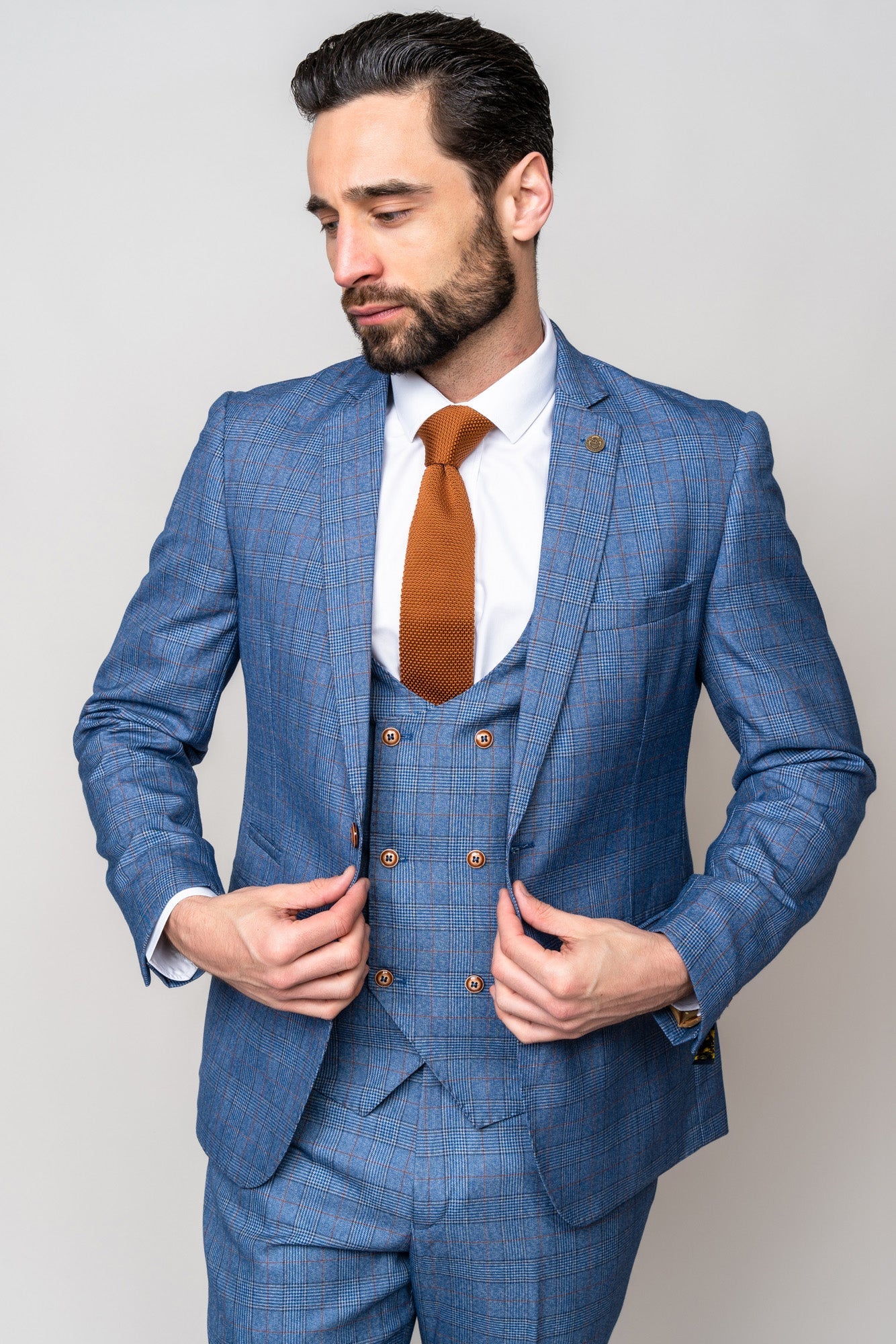 Man wearing George light blue three piece suit - Marc Darcy