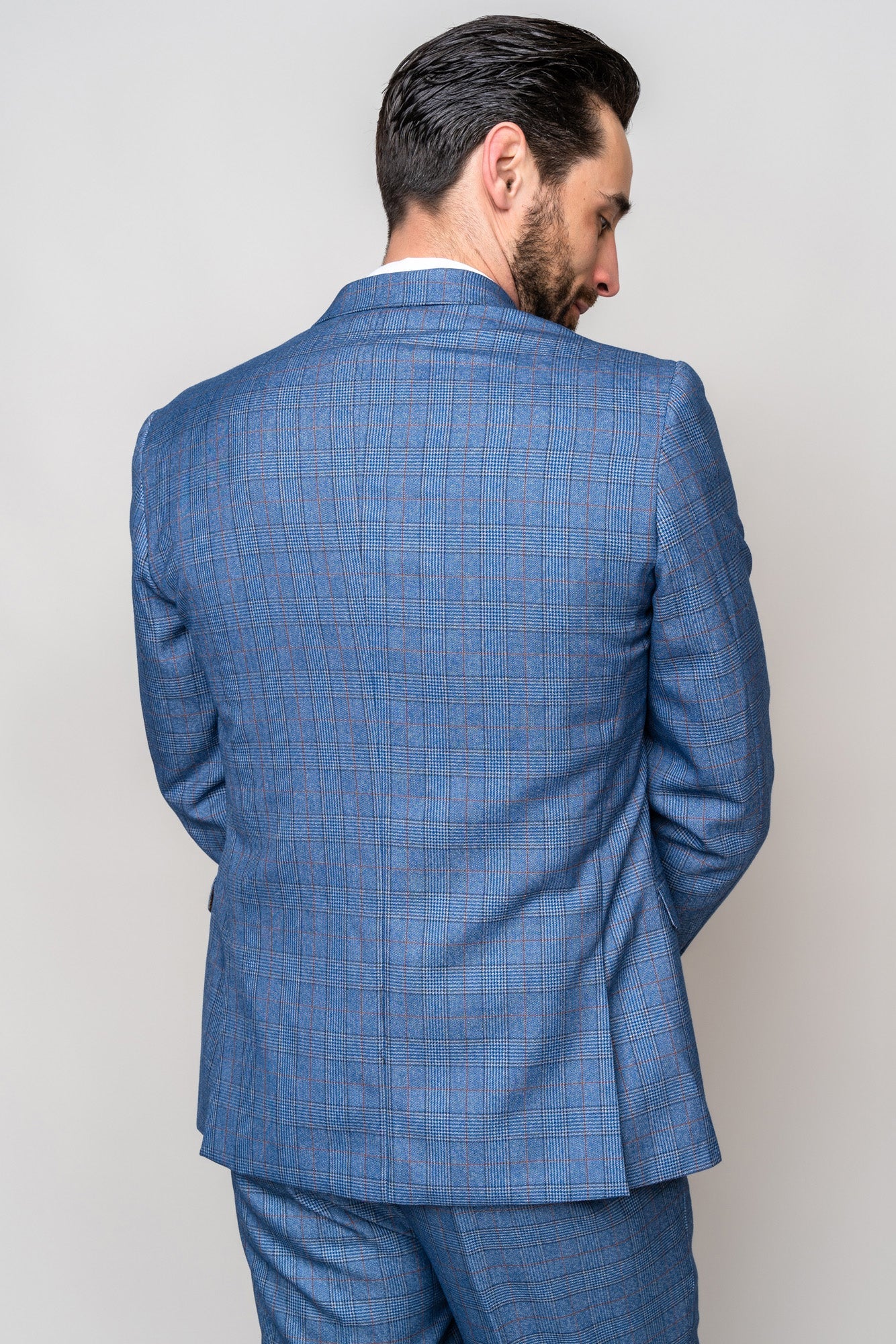 Man wearing George light blue three piece suit - Marc Darcy