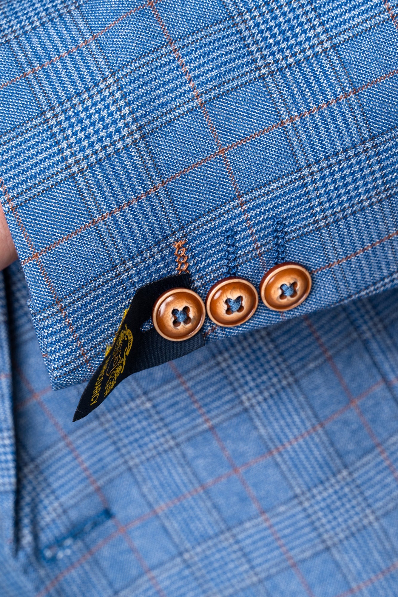 Cuff detail of George light blue three piece suit - Marc Darcy