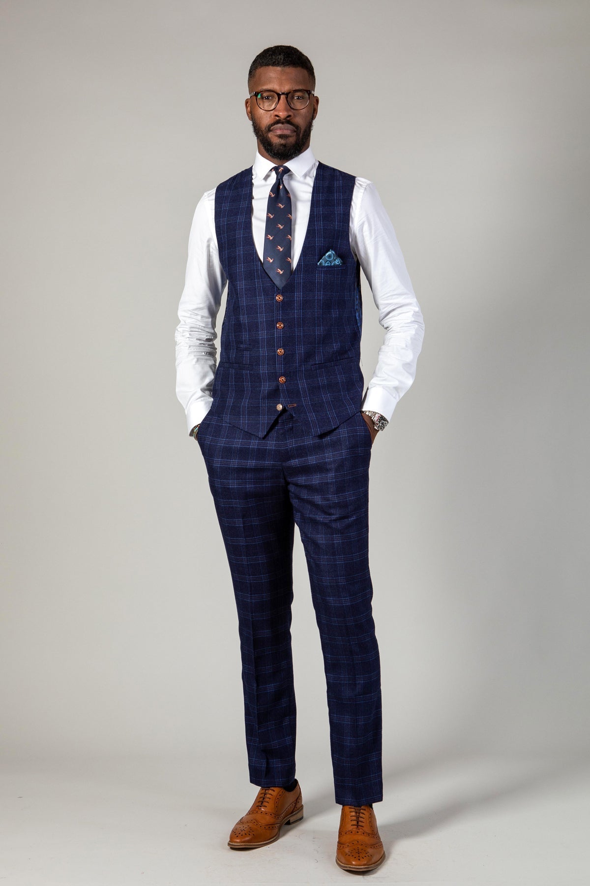 Man wearing men's CHIGWELL - Blue Tweed Check Waistcoat - Marc Darcy Menswear