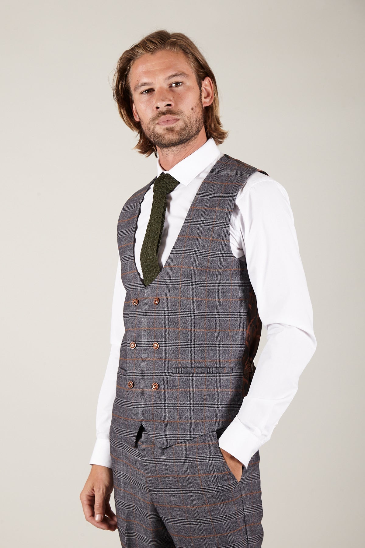 Man wearing men's JENSON - Grey Check Double Breasted Waistcoat - Marc Darcy Menswear