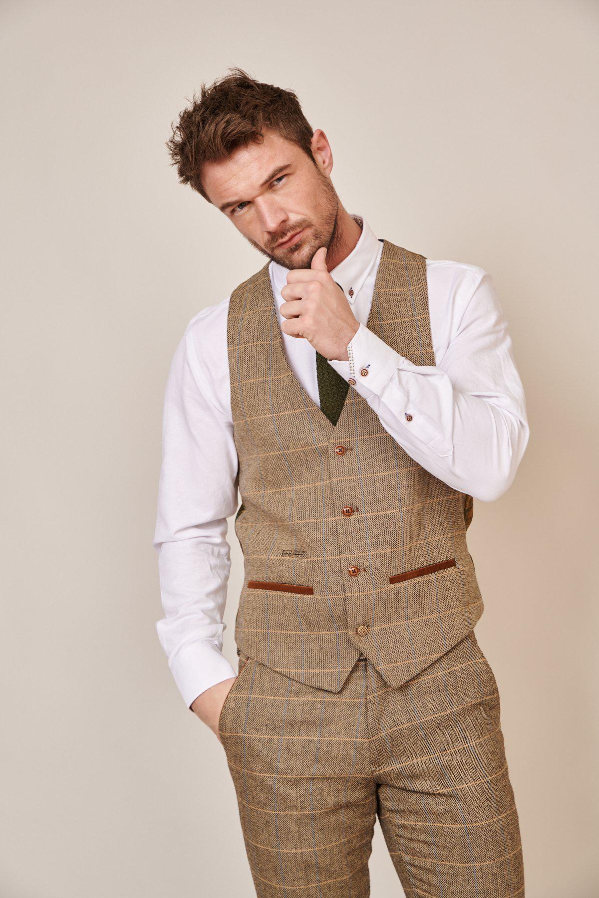 Man wearing men's TED - Tan Tweed Check Waistcoat - Marc Darcy Menswear