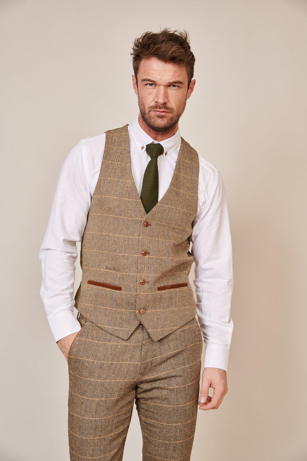 Man wearing men's TED - Tan Tweed Check Waistcoat - Marc Darcy Menswear