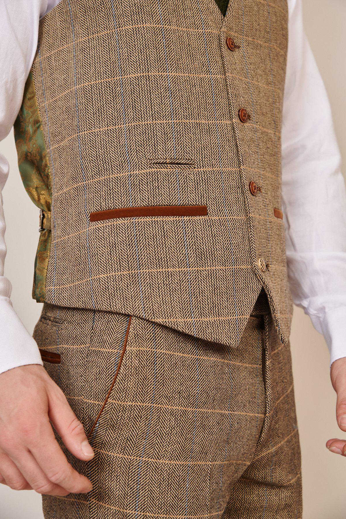 Man wearing men's TED - Tan Tweed Check Waistcoat - Marc Darcy Menswear