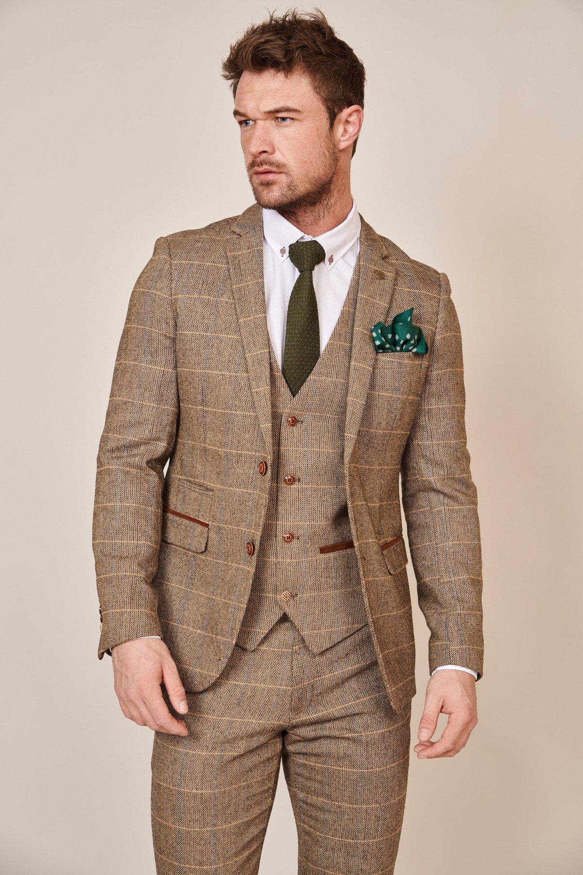 Man wearing men's TED - Tan Tweed Check Blazer - Marc Darcy Menswear