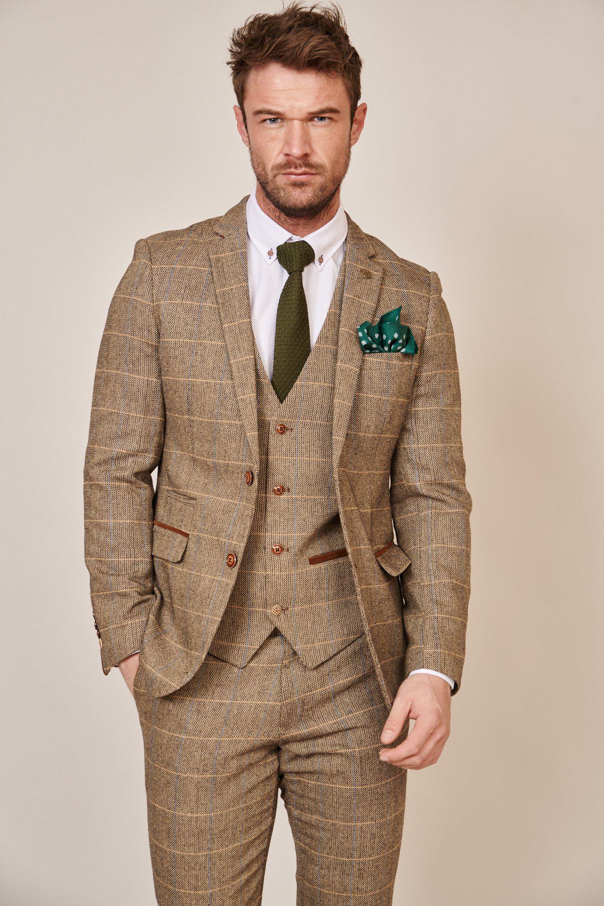 Man wearing men's TED - Tan Tweed Check Blazer - Marc Darcy Menswear
