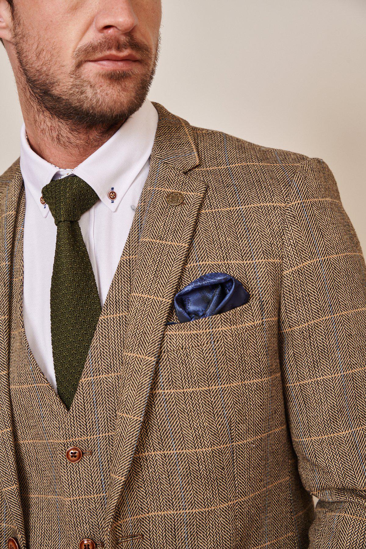 Man wearing men's TED - Tan Tweed Check Blazer - Marc Darcy Menswear