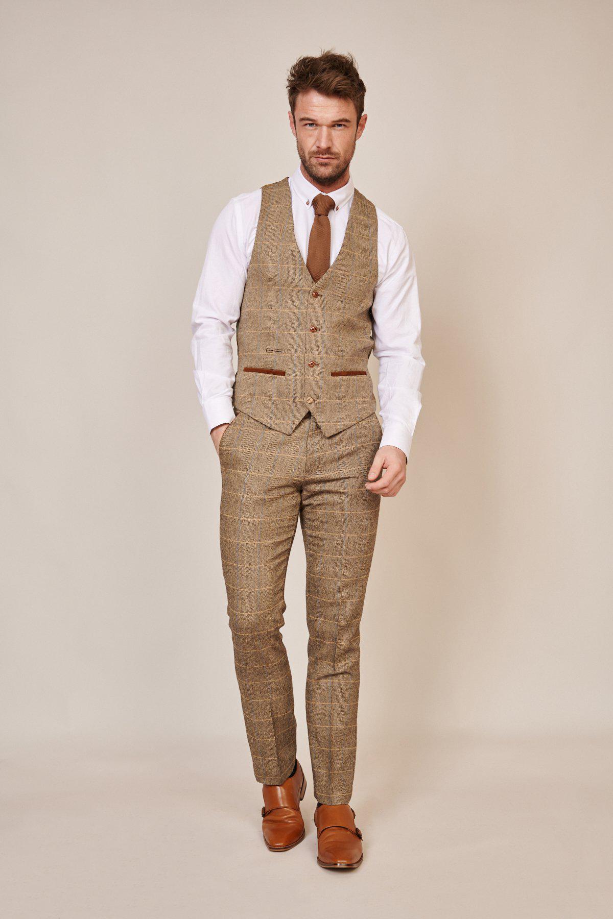 Man wearing men's TED - Tan Tweed Check Waistcoat - Marc Darcy Menswear