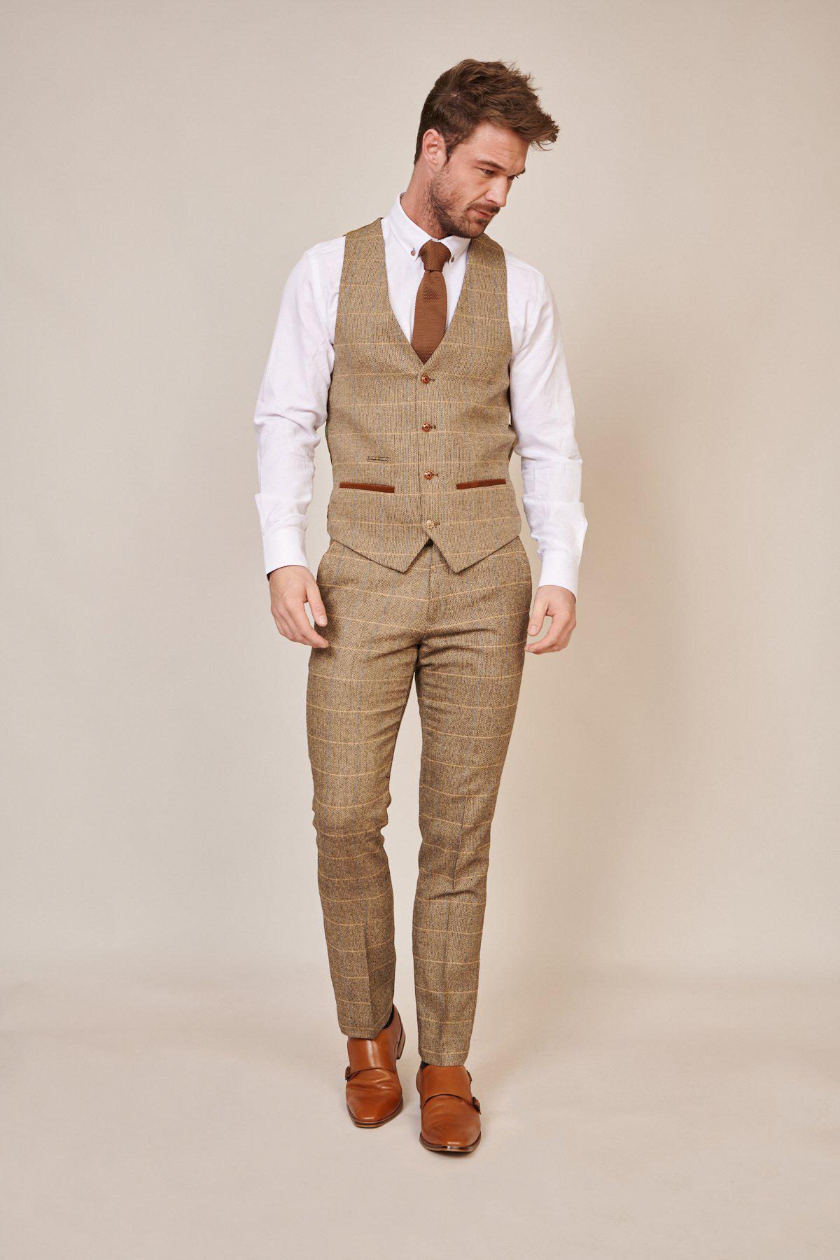 Man wearing men's TED - Tan Tweed Check Waistcoat - Marc Darcy Menswear