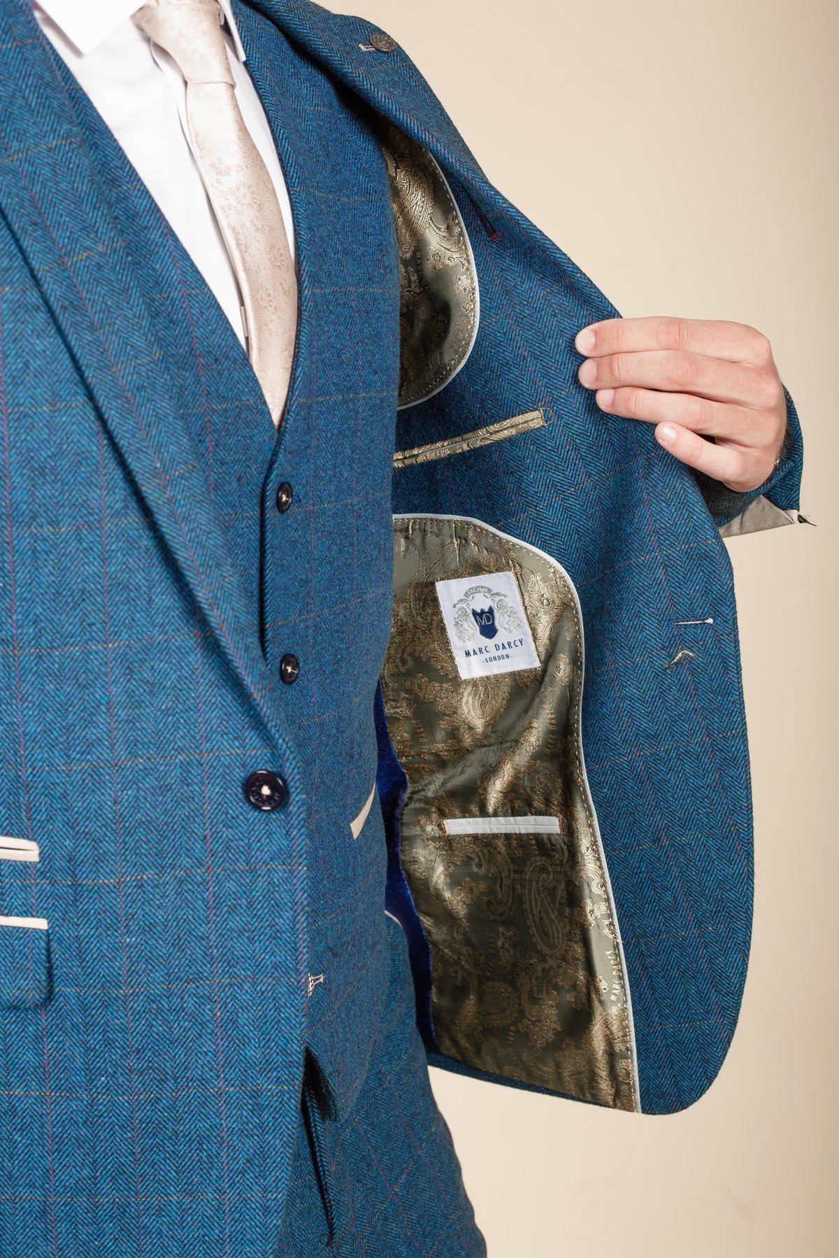 Man wearing men's DION - Blue Tweed Check Blazer - Marc Darcy Menswear