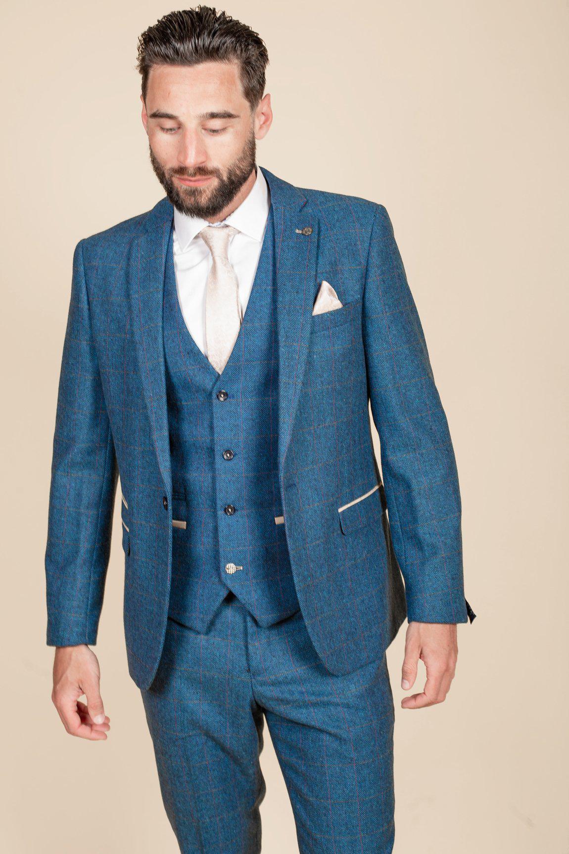 Man wearing men's DION - Blue Tweed Check Blazer - Marc Darcy Menswear