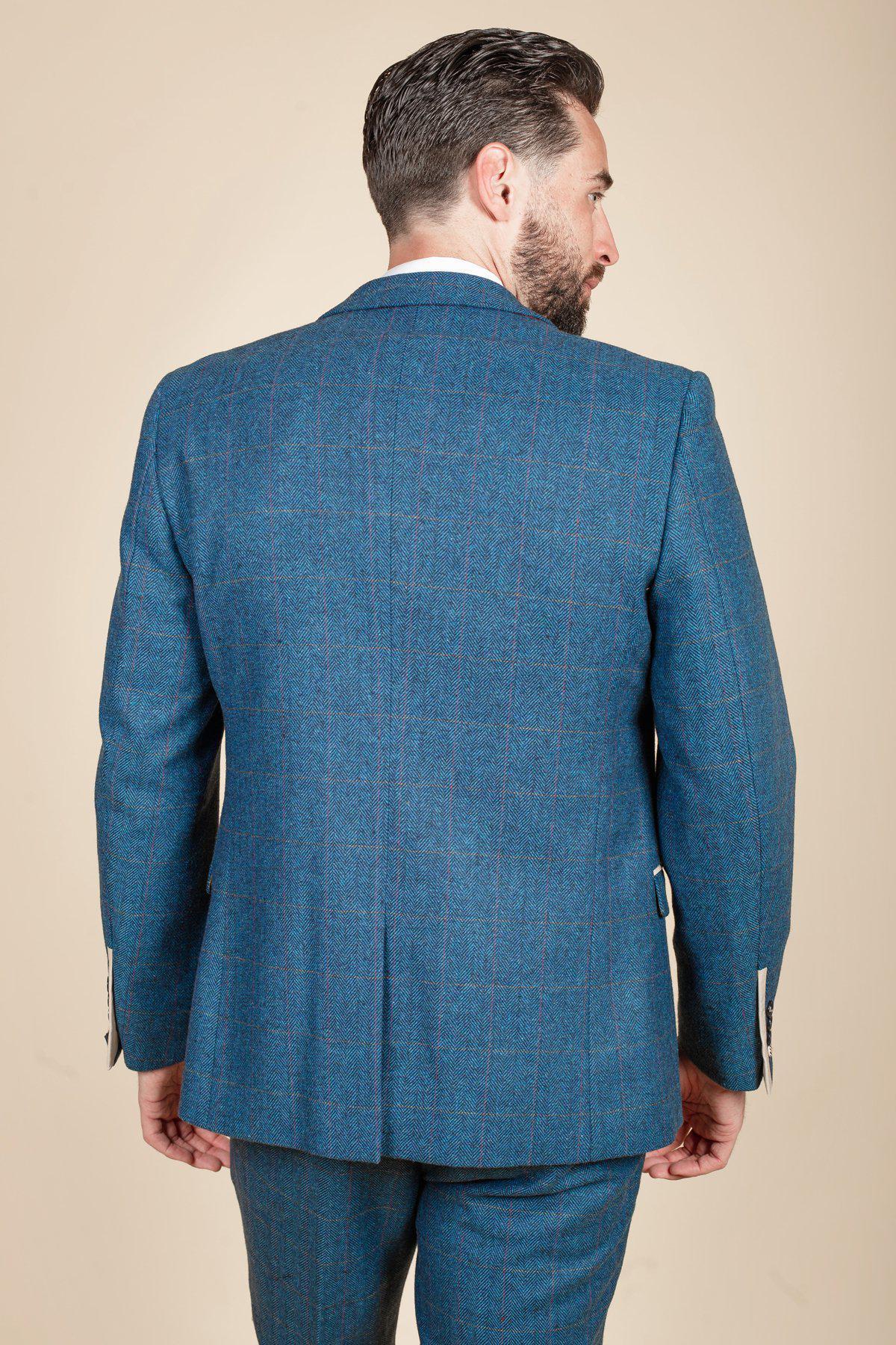 Man wearing men's DION - Blue Tweed Check Blazer - Marc Darcy Menswear