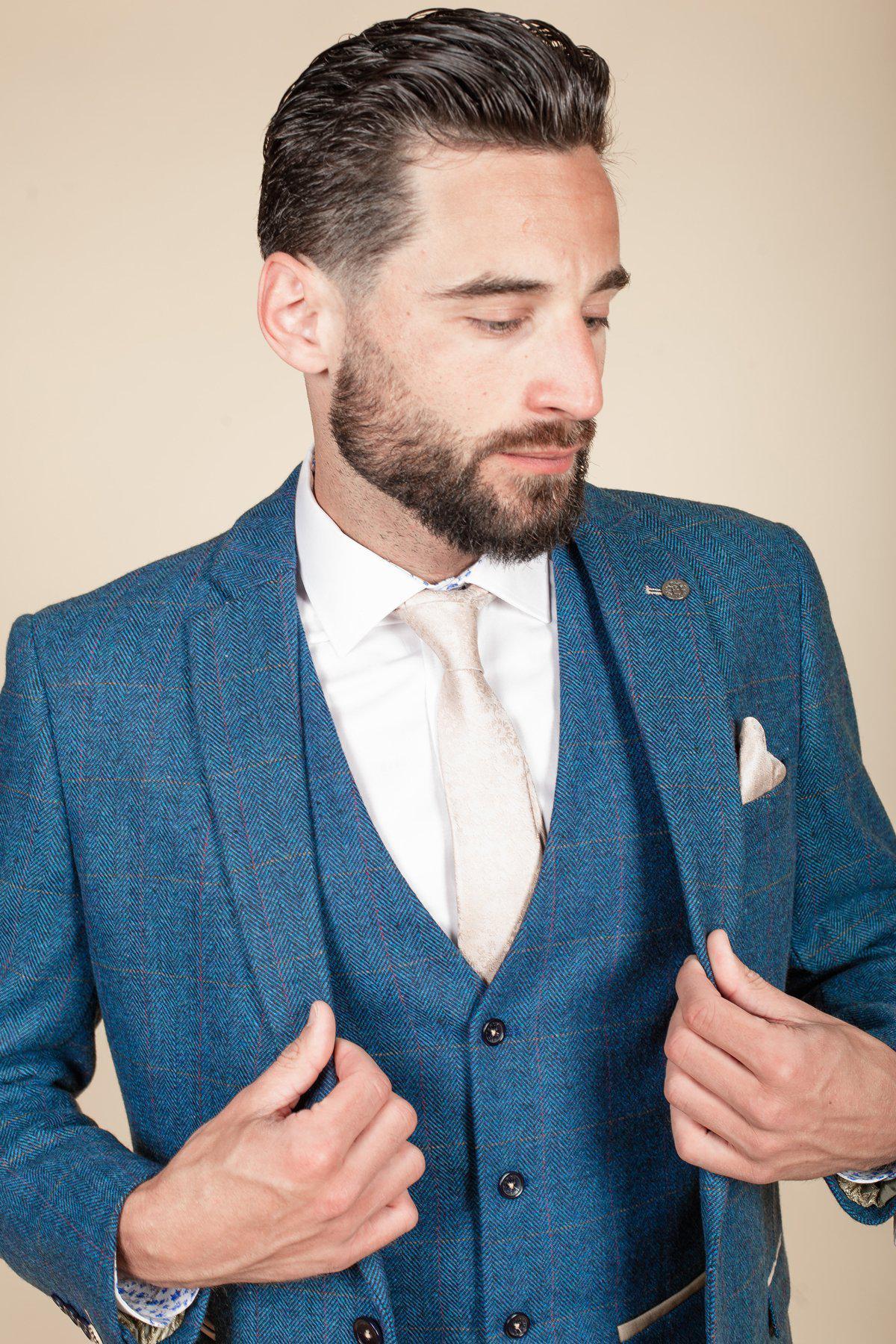 Man wearing men's DION - Blue Tweed Check Blazer - Marc Darcy Menswear