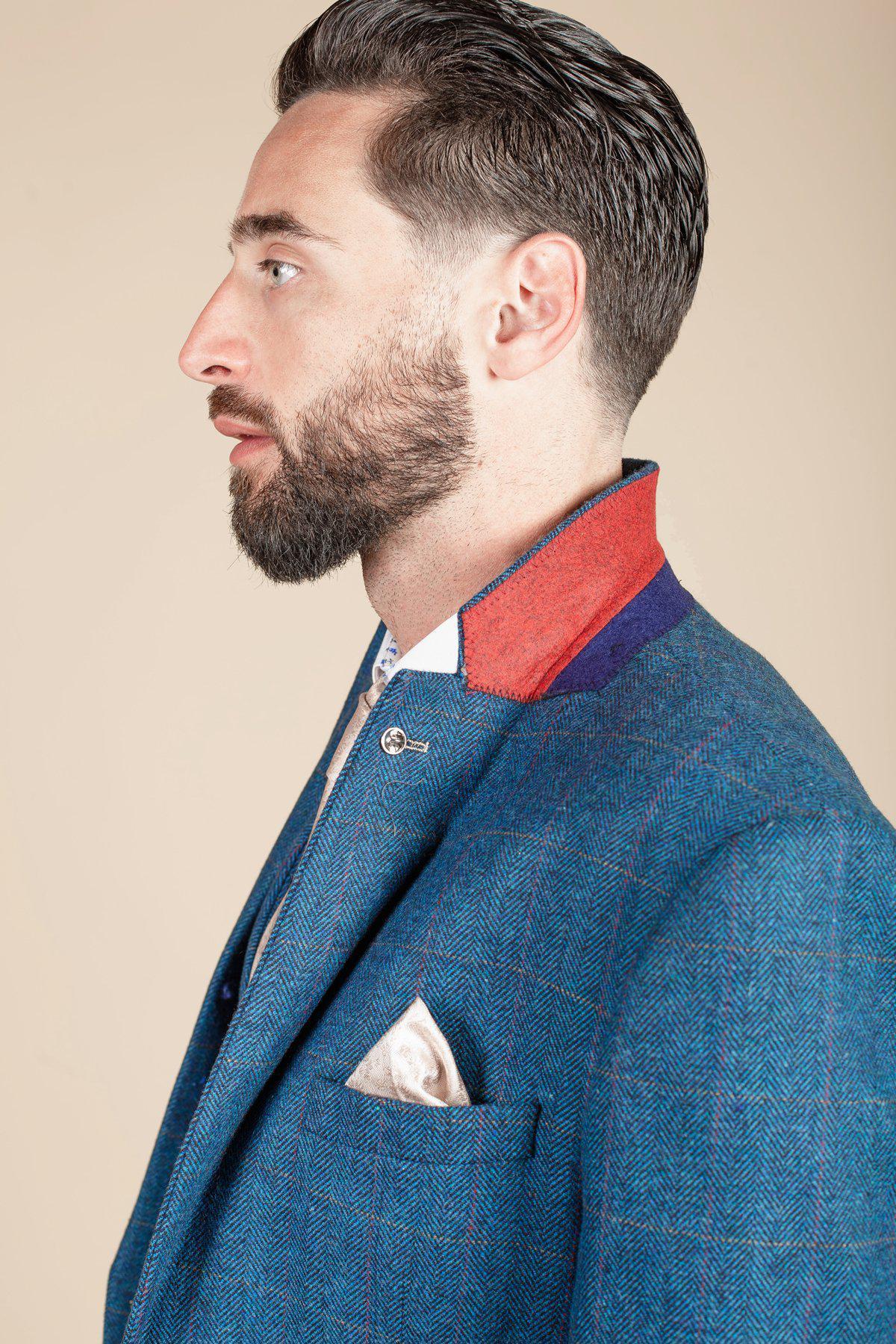 Man wearing men's DION - Blue Tweed Check Blazer - Marc Darcy Menswear