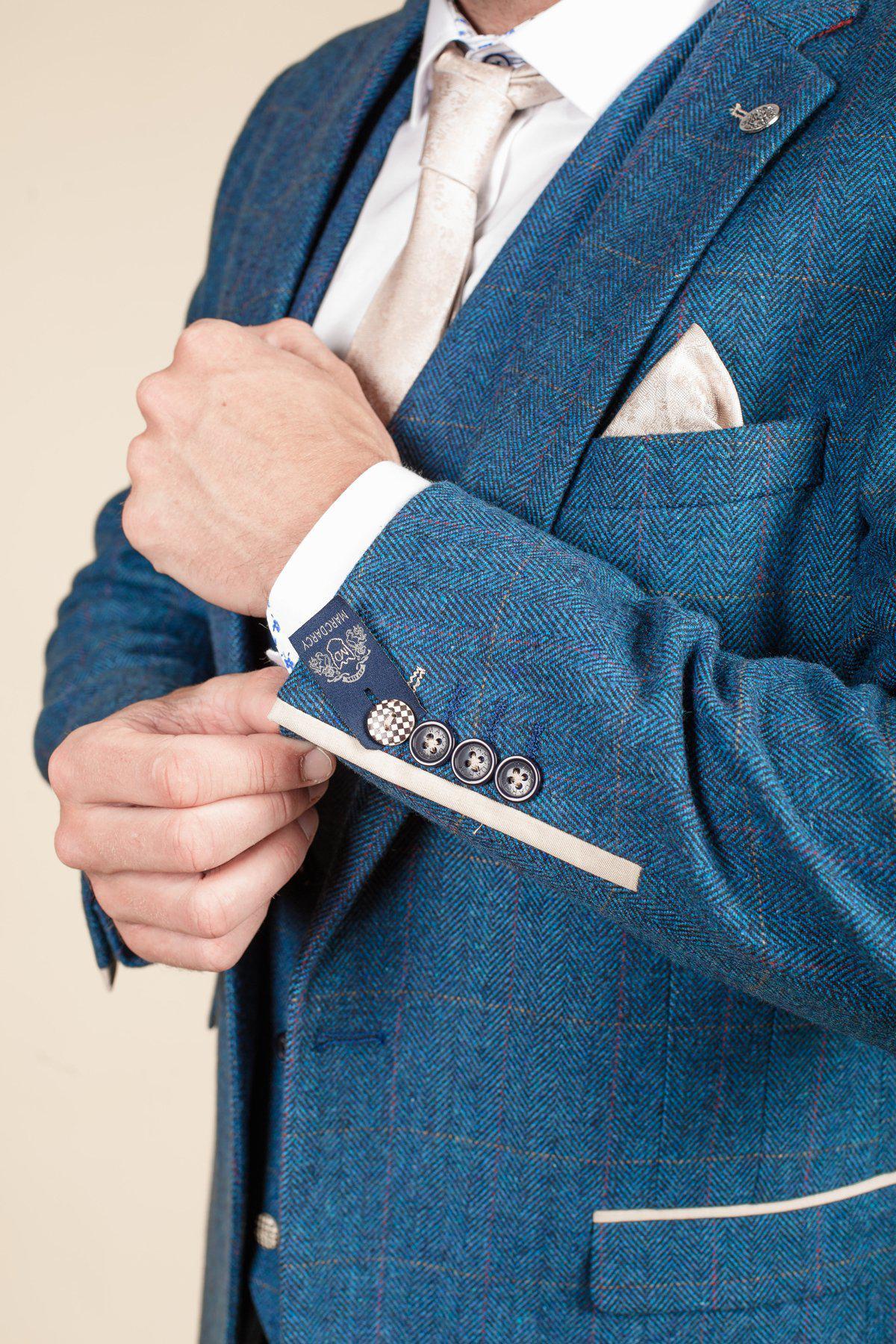 Man wearing men's DION - Blue Tweed Check Blazer - Marc Darcy Menswear