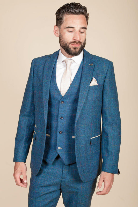 Man wearing men's DION - Blue Tweed Check Blazer - Marc Darcy Menswear