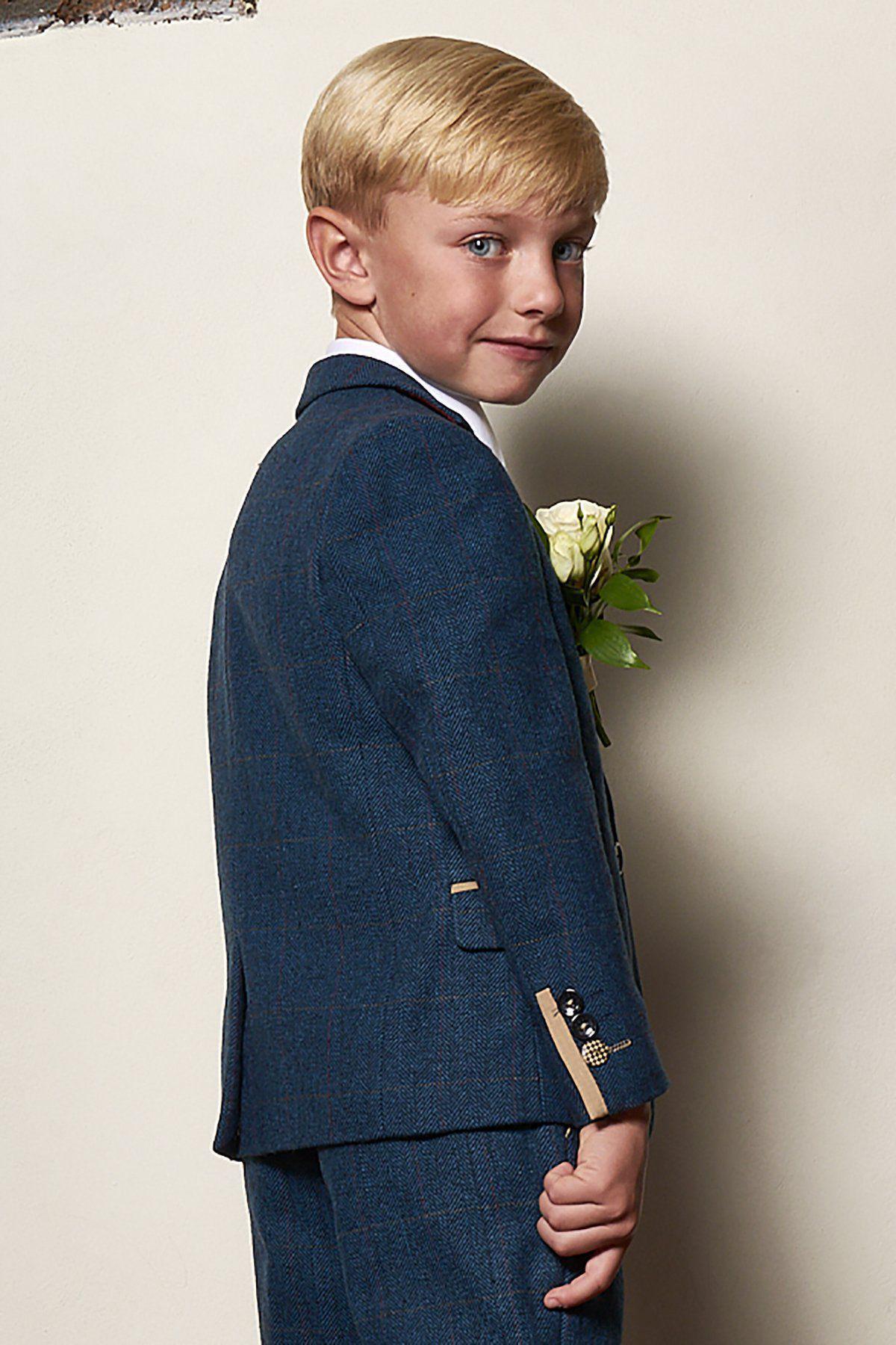 Boy Kid wearing DION - Childrens Blue Tweed Check Three Piece Suit-marcdarcy Menswear