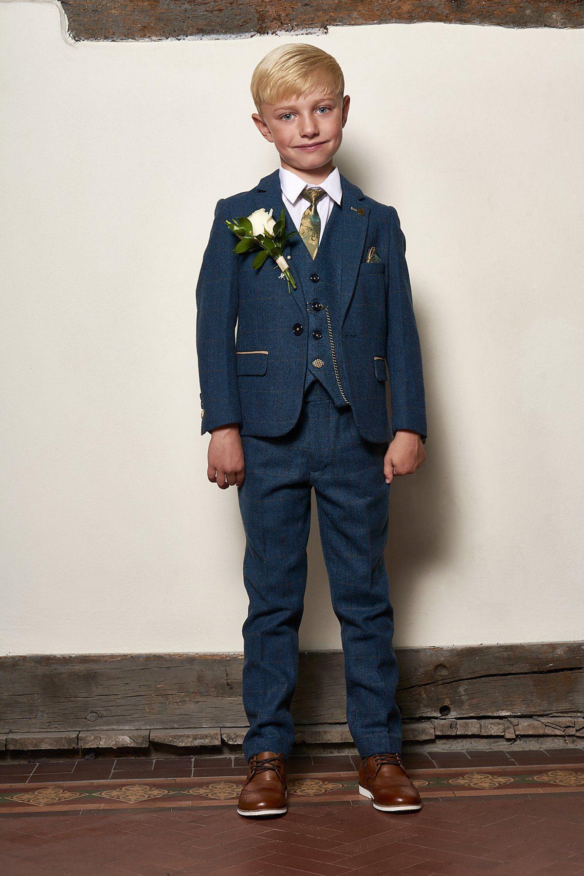 Boy Kid wearing DION - Childrens Blue Tweed Check Three Piece Suit-marcdarcy Menswear
