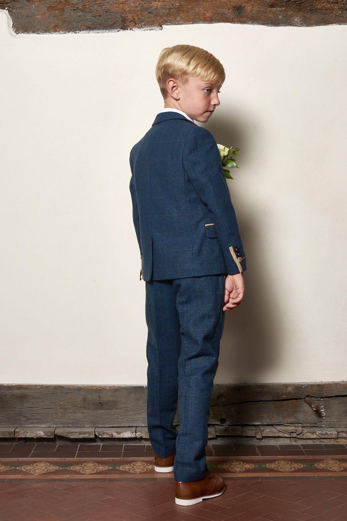 Boy Kid wearing DION - Childrens Blue Tweed Check Three Piece Suit-marcdarcy Menswear