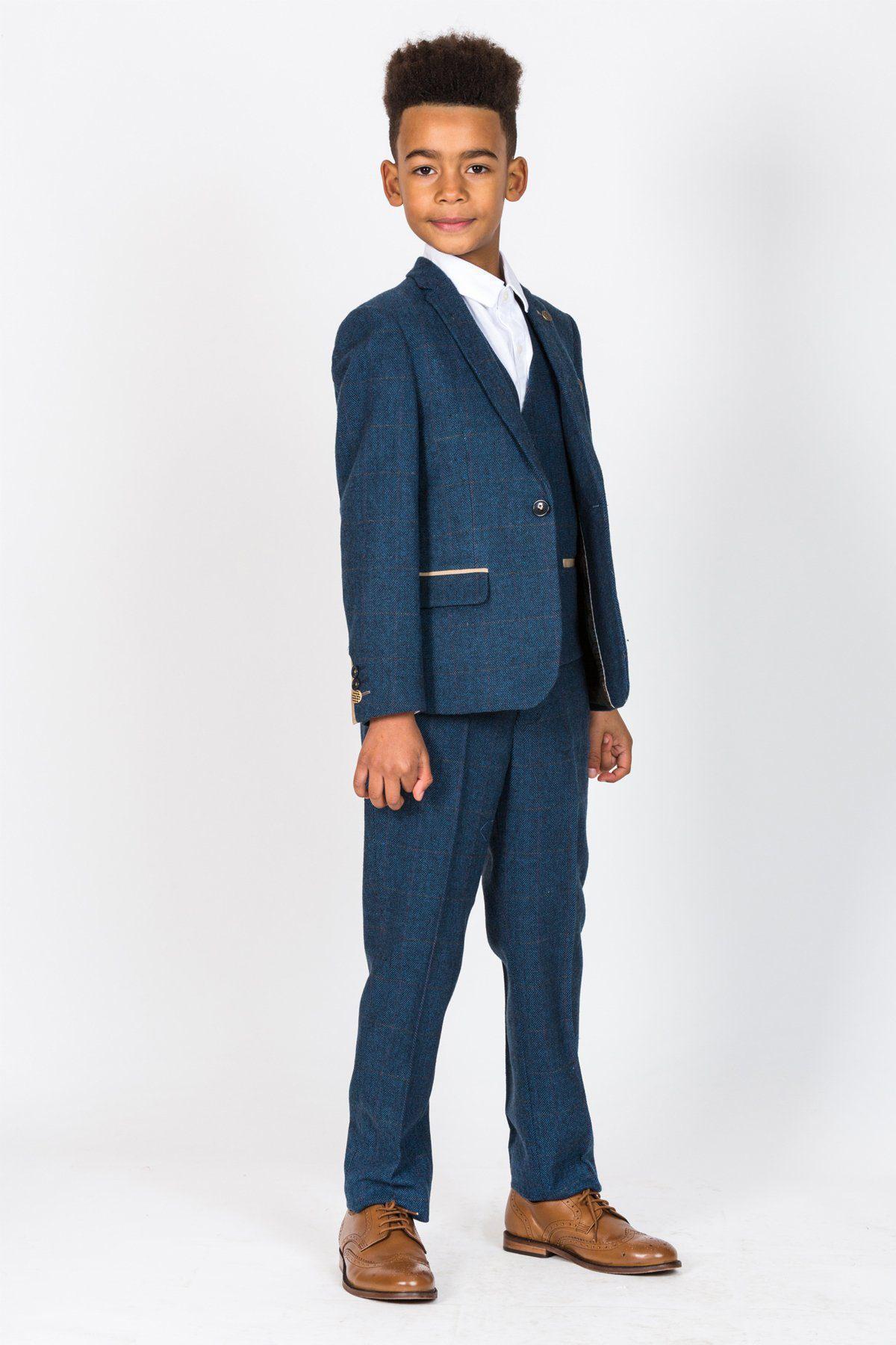 Boy Kid wearing DION - Childrens Blue Tweed Check Three Piece Suit-marcdarcy Menswear