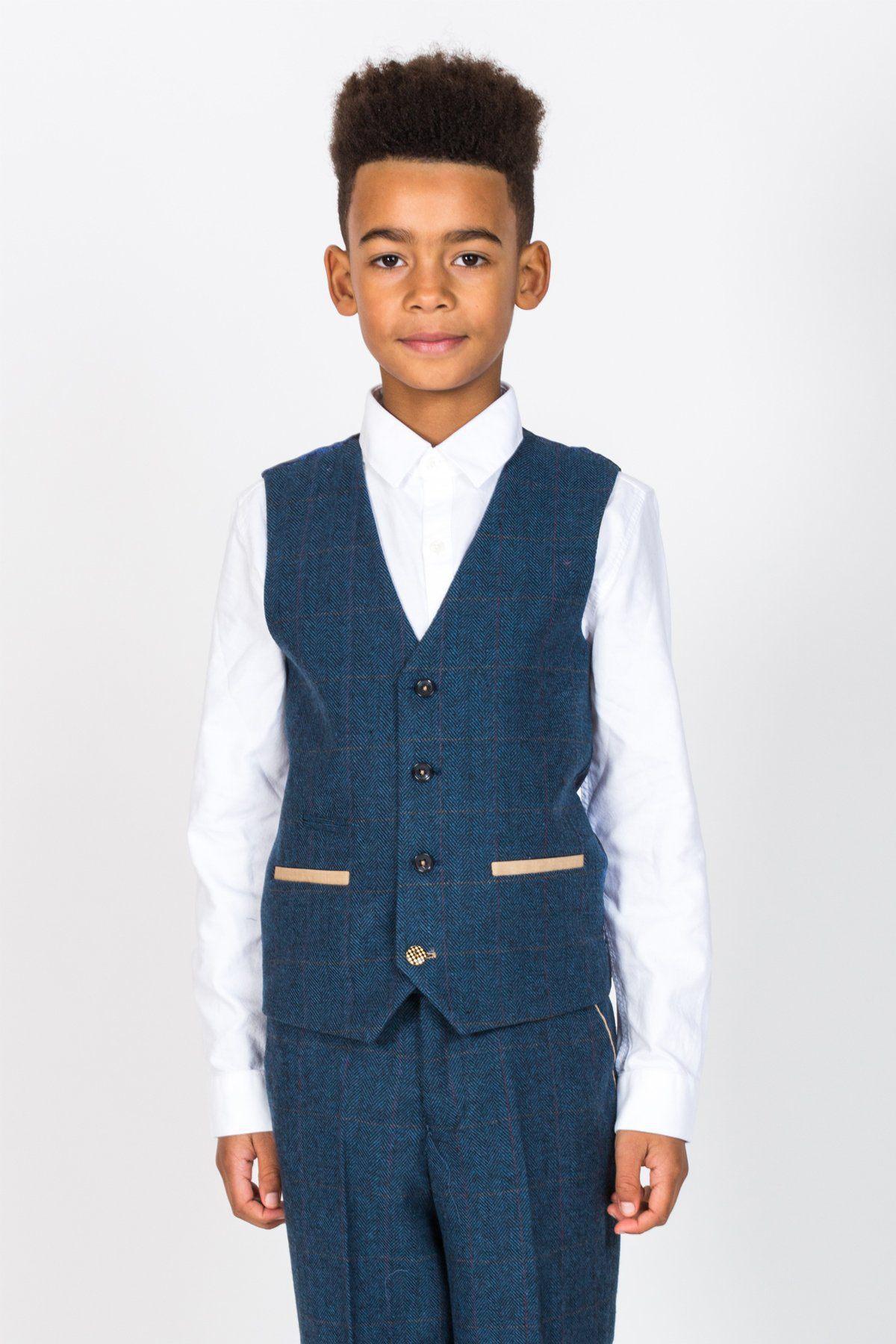 Boy Kid wearing DION - Childrens Blue Tweed Check Three Piece Suit-marcdarcy Menswear