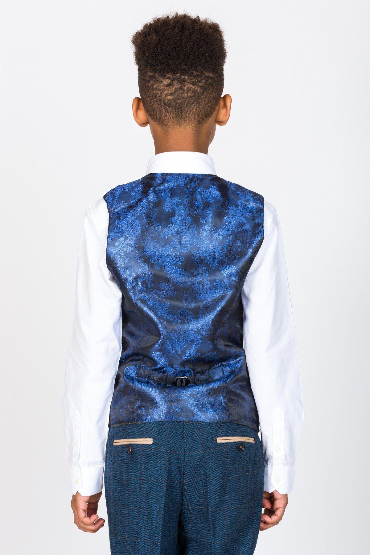 Boy Kid wearing DION - Childrens Blue Tweed Check Three Piece Suit-marcdarcy Menswear