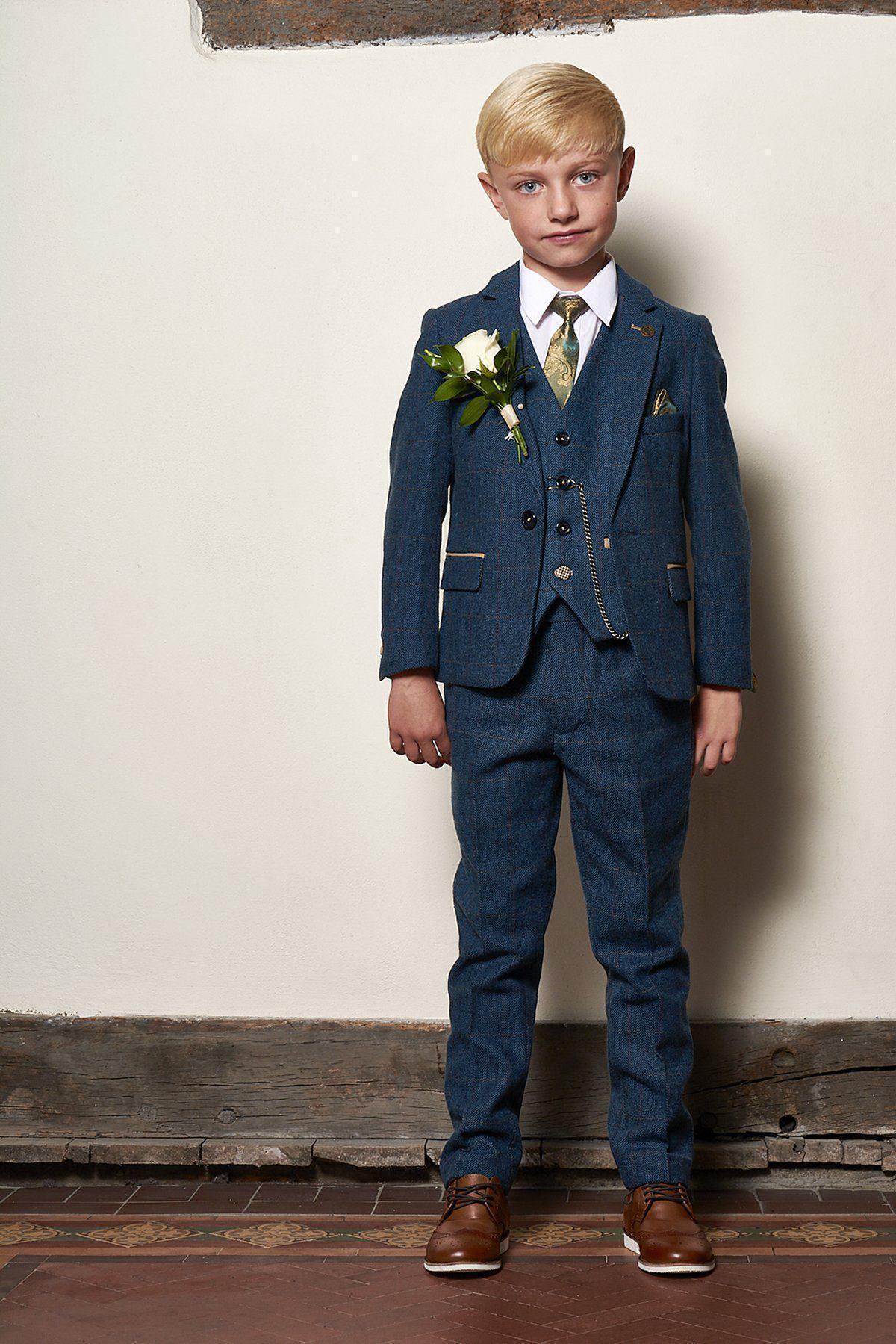 Boy Kid wearing DION - Childrens Blue Tweed Check Three Piece Suit-marcdarcy Menswear