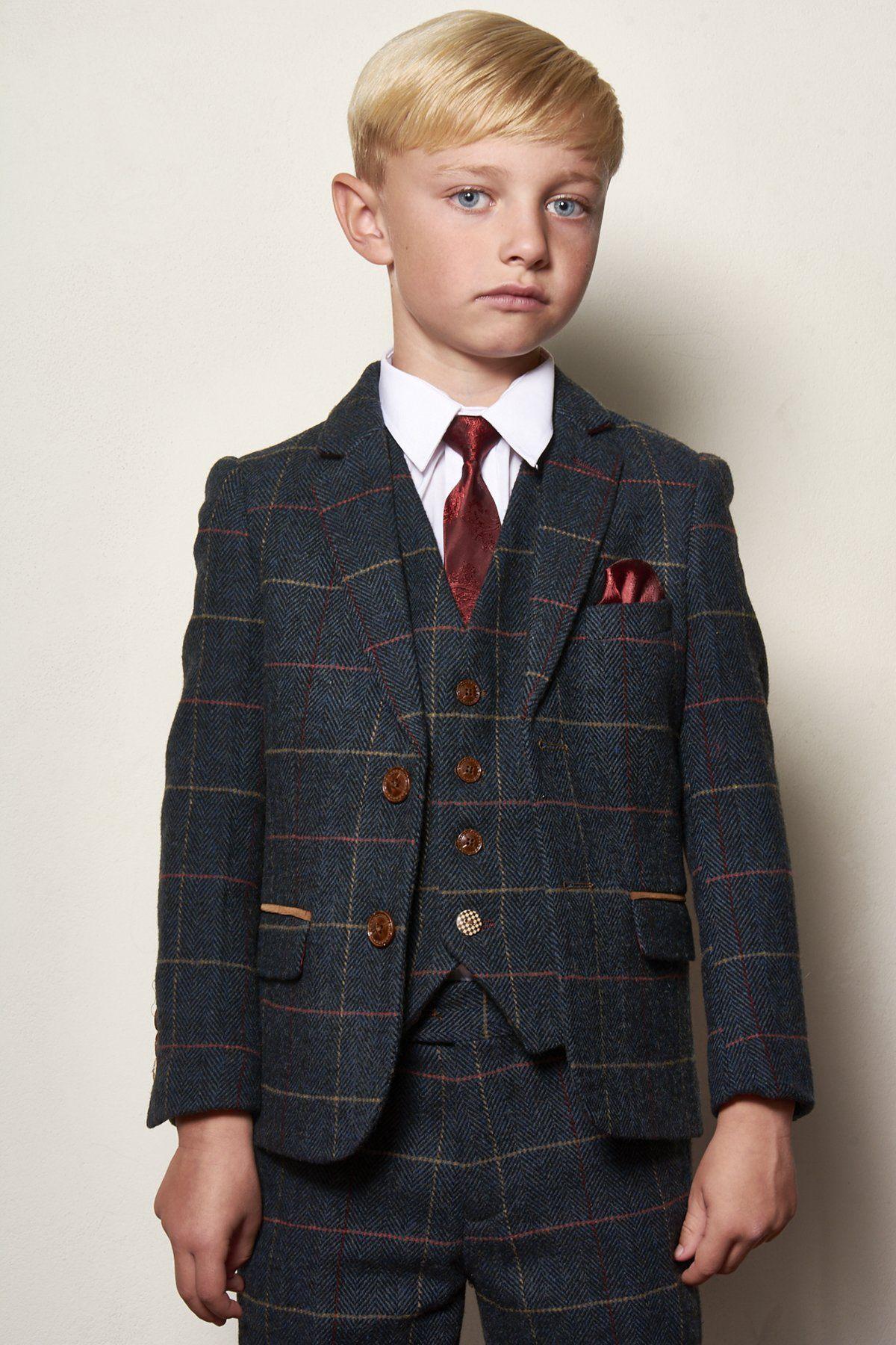 Boy Kid wearing ETON - Childrens Navy Blue Tweed Check Three Piece Suit-marcdarcy Menswear
