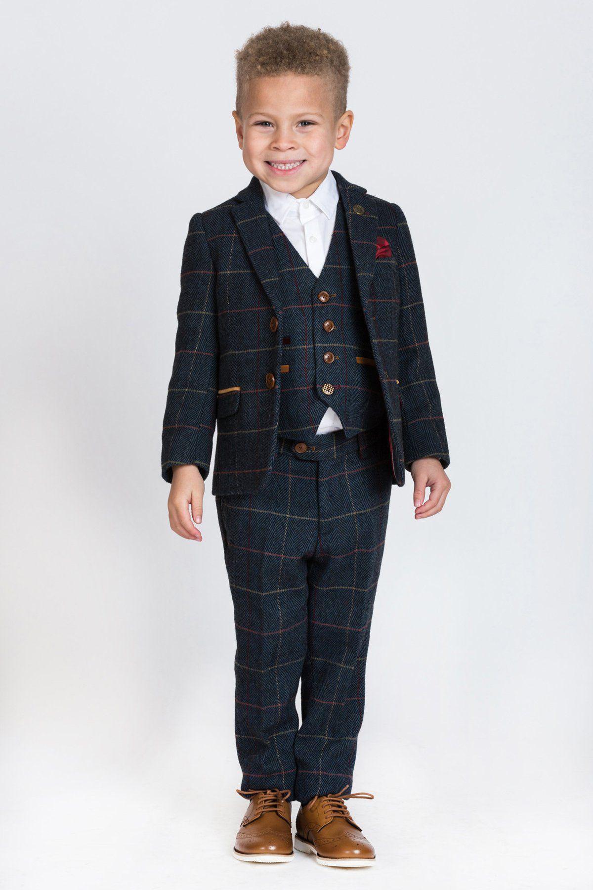 Boy Kid wearing ETON - Childrens Navy Blue Tweed Check Three Piece Suit-marcdarcy Menswear