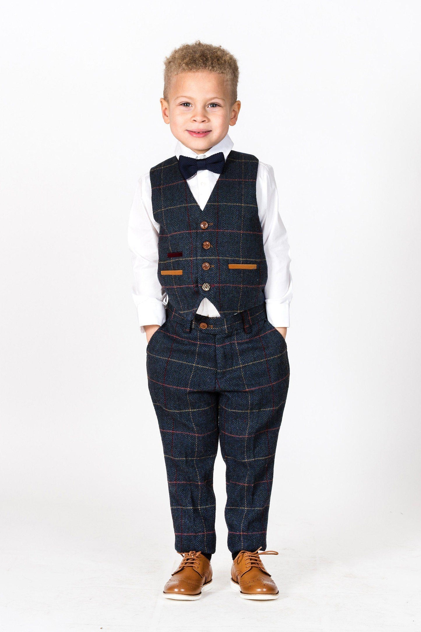 Boy Kid wearing ETON - Childrens Navy Blue Tweed Check Three Piece Suit-marcdarcy Menswear