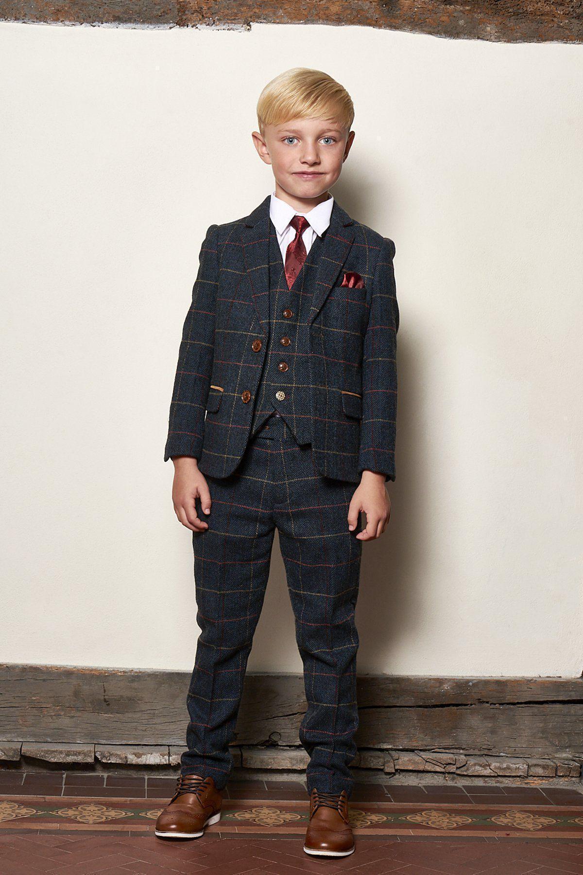 Boy Kid wearing ETON - Childrens Navy Blue Tweed Check Three Piece Suit-marcdarcy Menswear