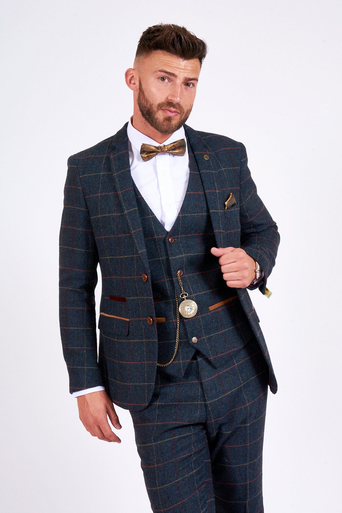 Man wearing men's ETON - Navy Blue Tweed Check Blazer - Marc Darcy Menswear