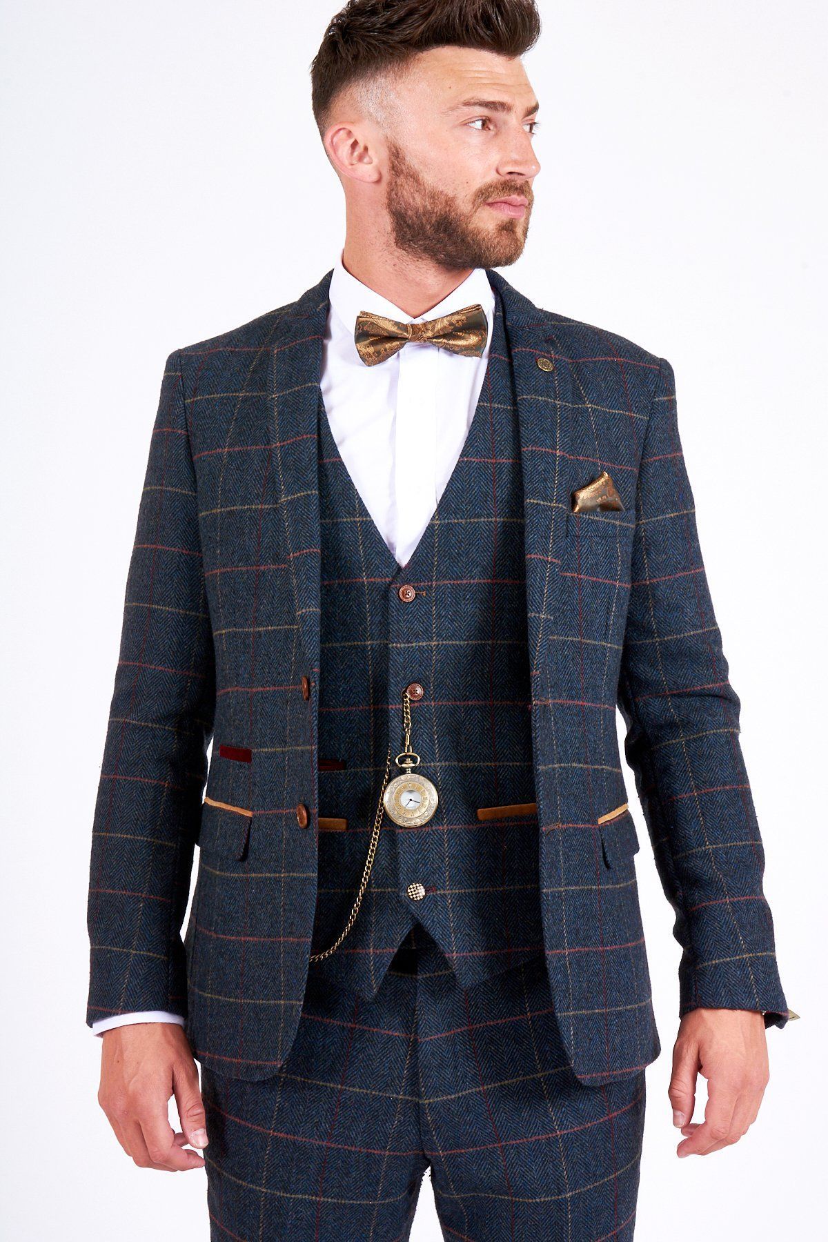 Man wearing men's ETON - Navy Blue Tweed Check Blazer - Marc Darcy Menswear