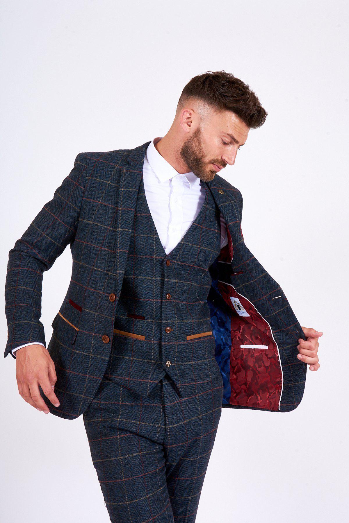 Man wearing men's ETON - Navy Blue Tweed Check Blazer - Marc Darcy Menswear