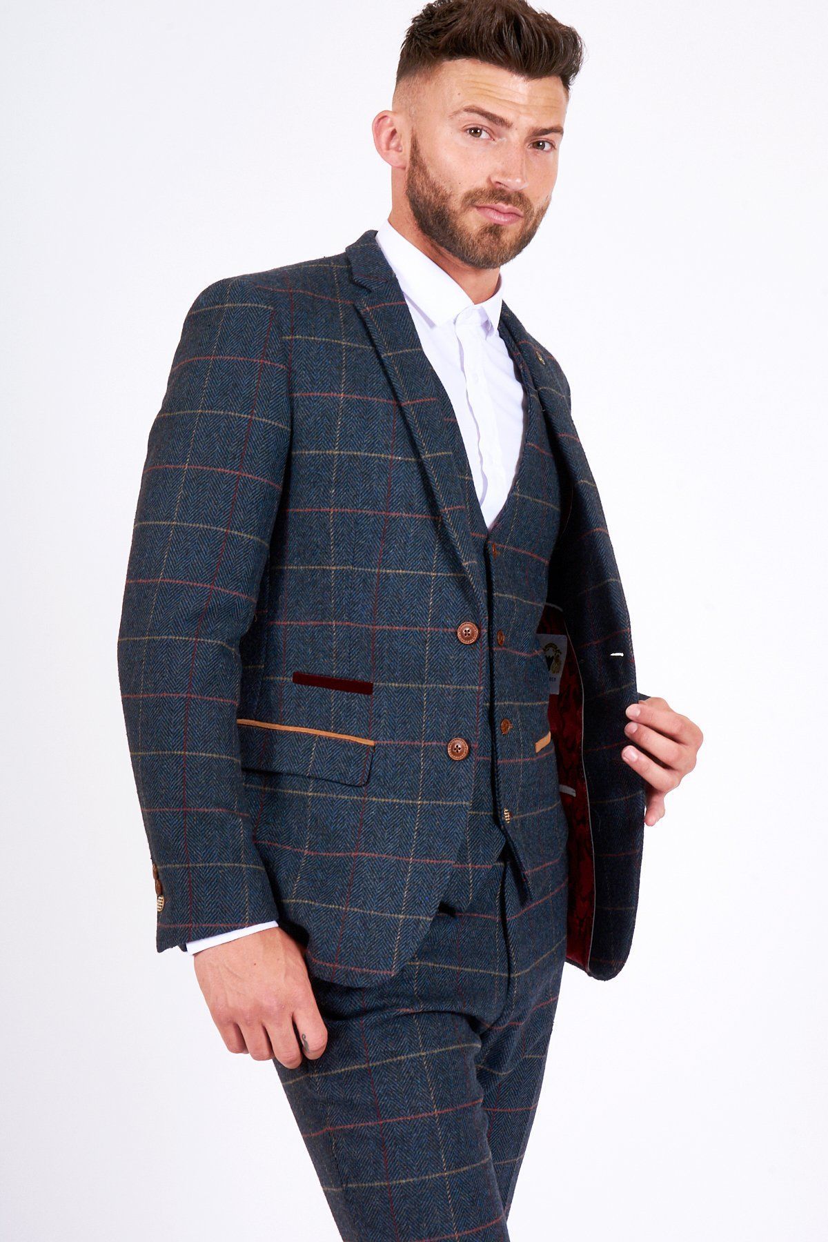 Man wearing men's ETON - Navy Blue Tweed Check Blazer - Marc Darcy Menswear