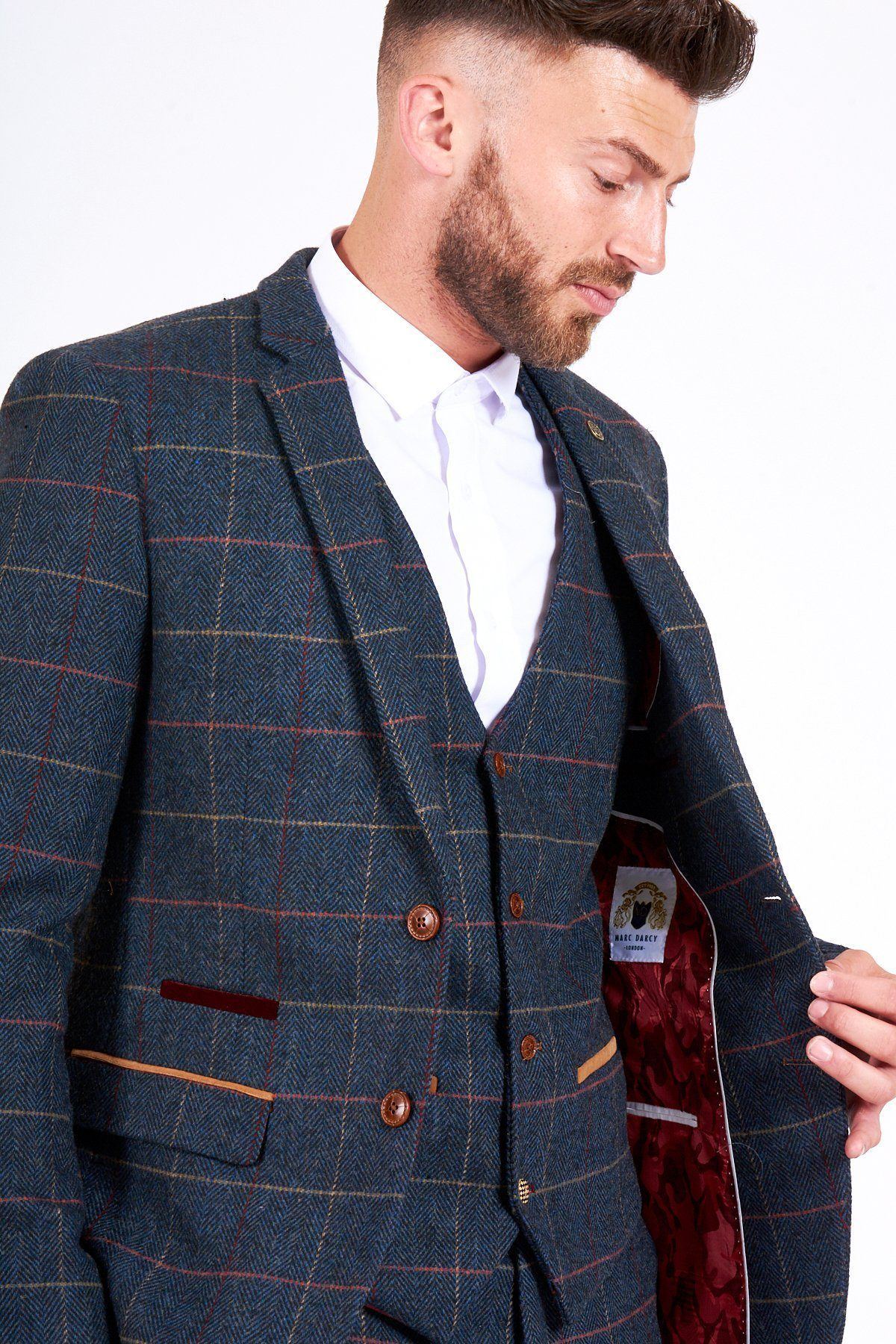 Man wearing men's ETON - Navy Blue Tweed Check Blazer - Marc Darcy Menswear