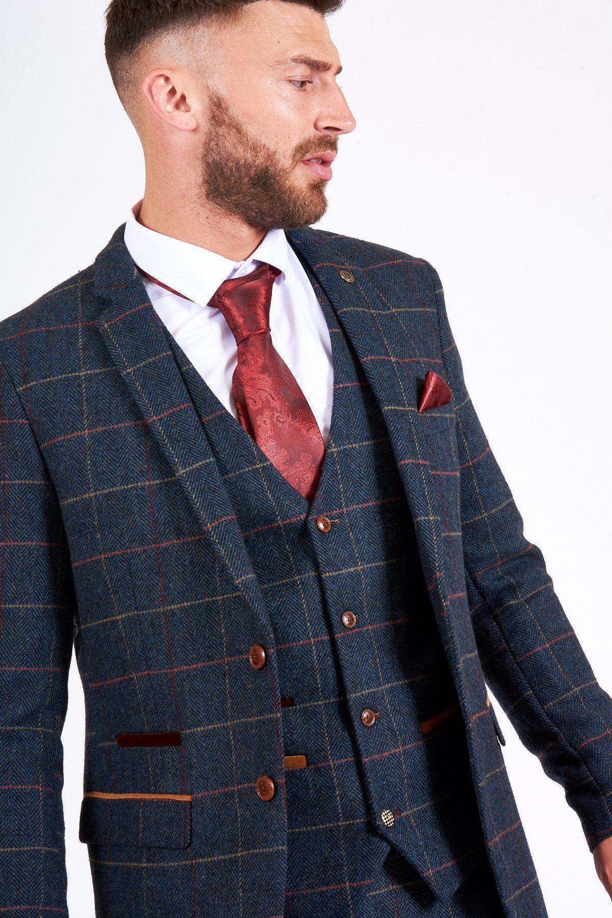Man wearing men's ETON - Navy Blue Tweed Check Blazer - Marc Darcy Menswear